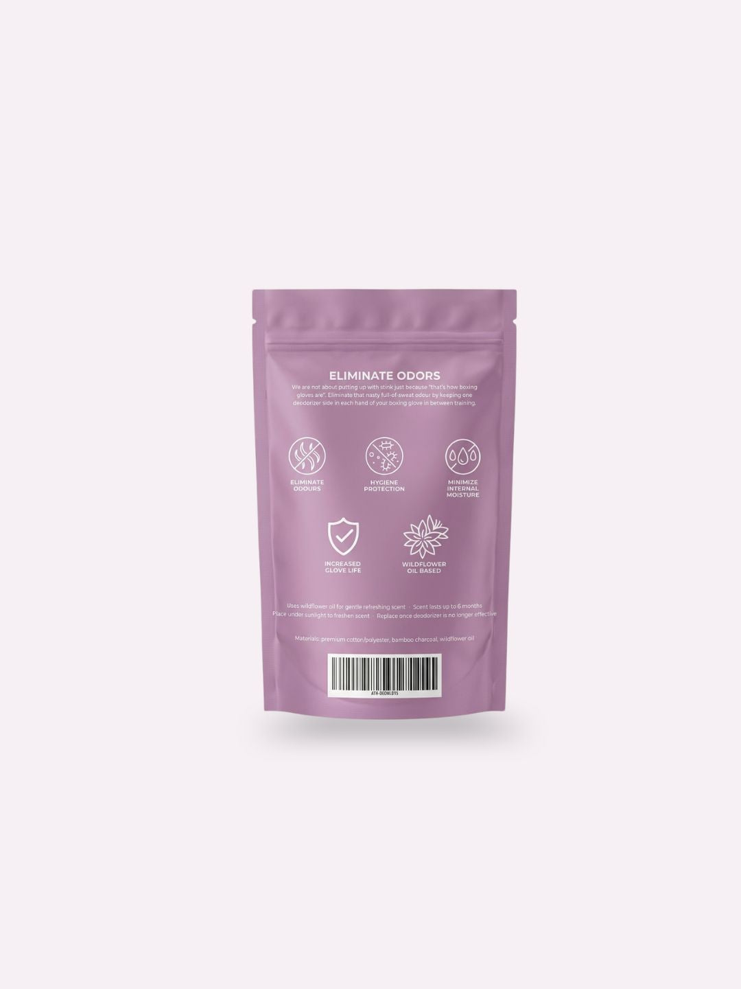Back of the Athena mauve boxing glove deodorizer pouch with odour-eliminating benefits and Wildflower scent