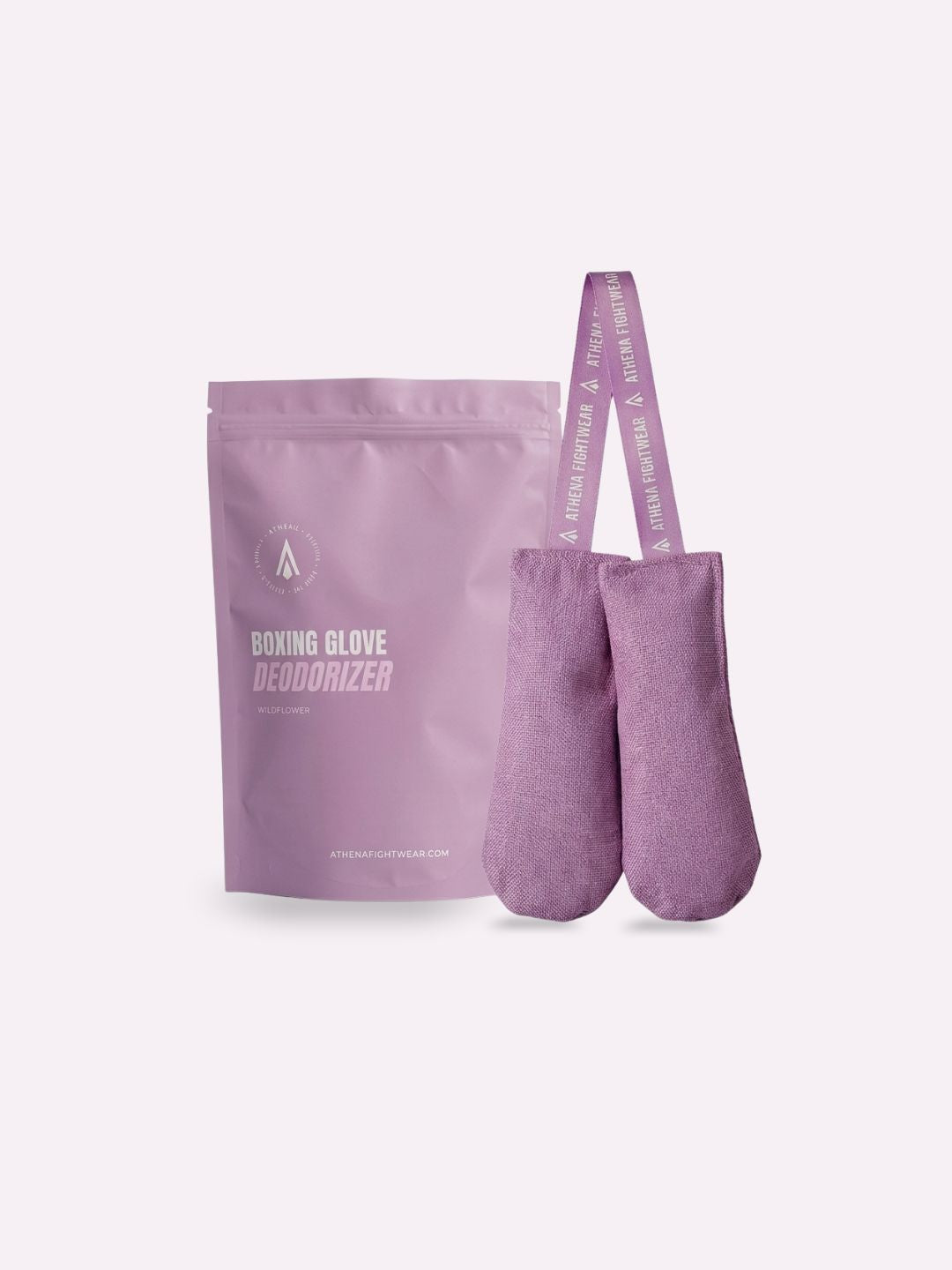 Athena boxing glove deodorizer in mauve, Wildflower scent: pouch and two fabric inserts with a hanging strap