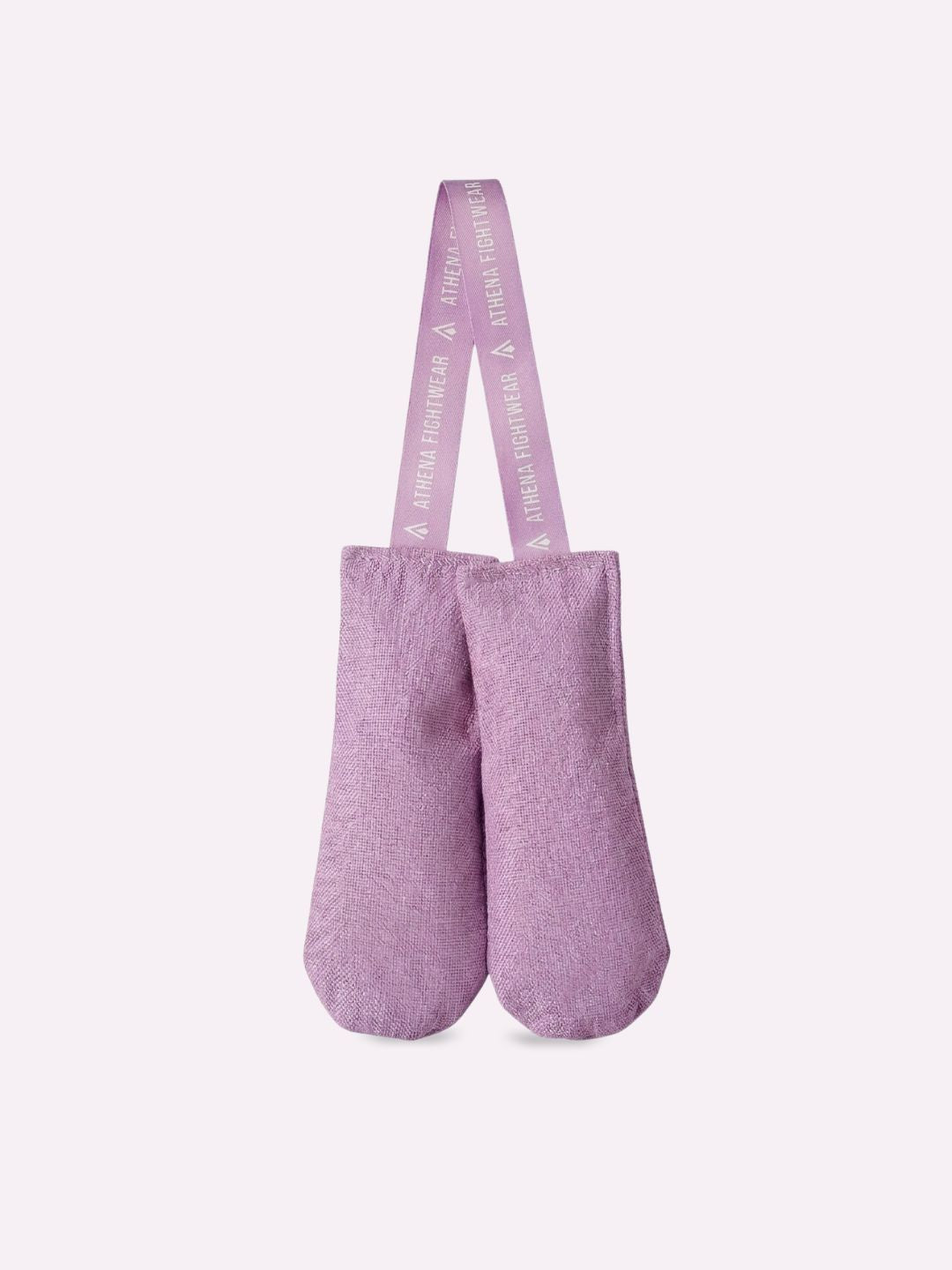 Pair of mauve Athena glove deodorizer inserts with a branded hanging strap, to keep boxing gloves fresh