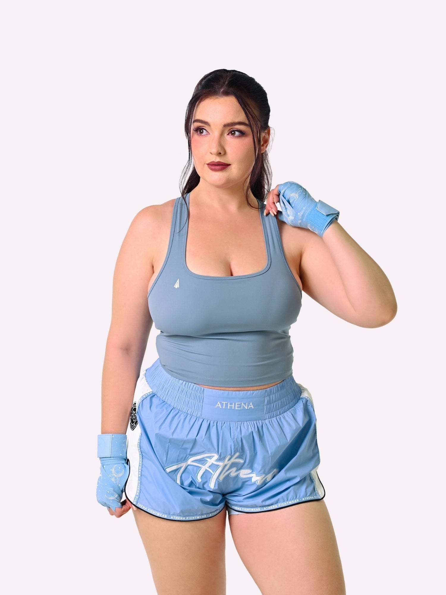 Athena Fightwear Alke Women's Muay Thai Shorts light baby blue nylon fast dry wide hips with in built safety shorts and pockets