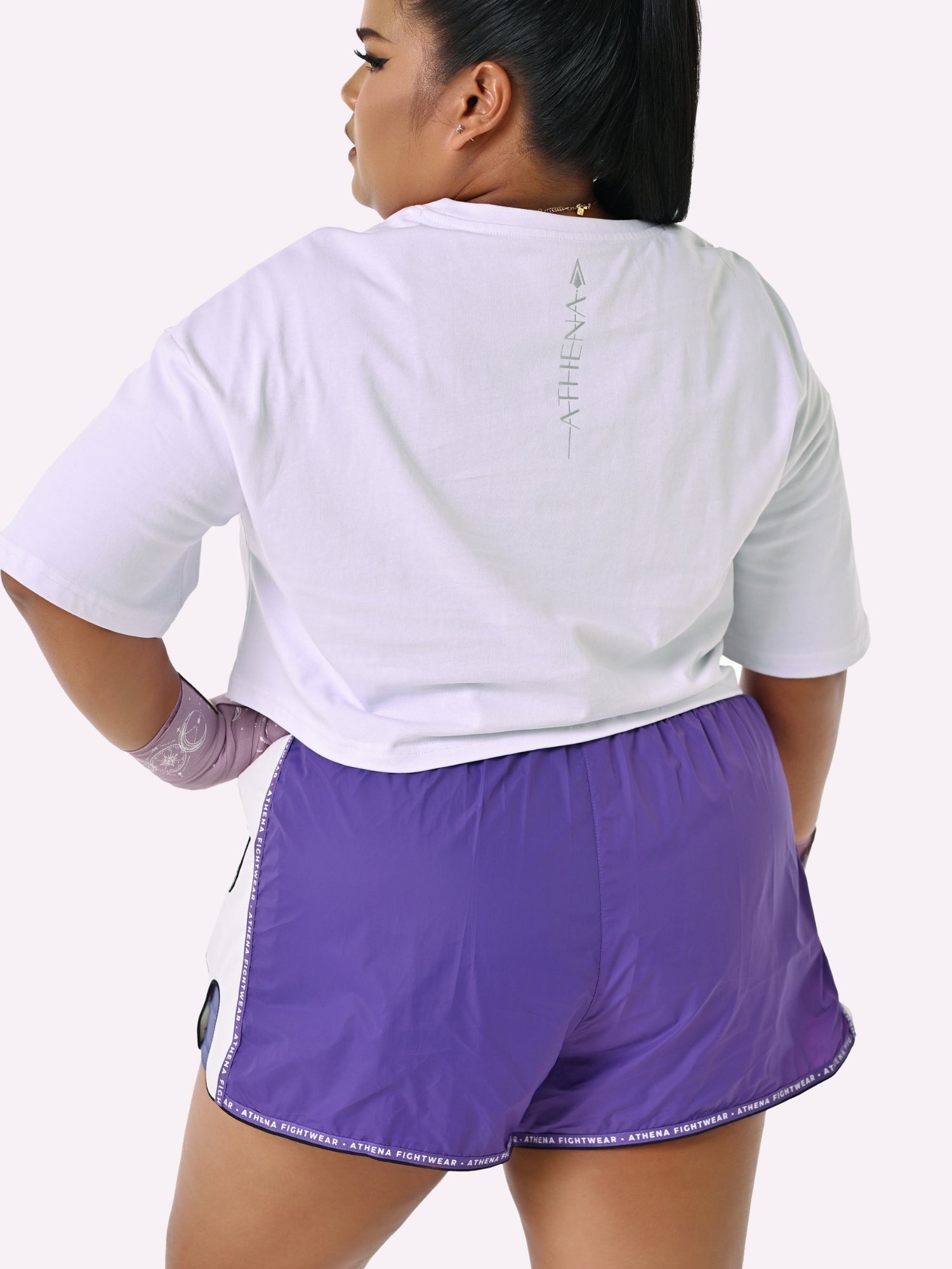 Athena Fightwear Alke Women's Muay Thai Shorts eggplant purple nylon fast dry wide hips with in built safety shorts and pockets