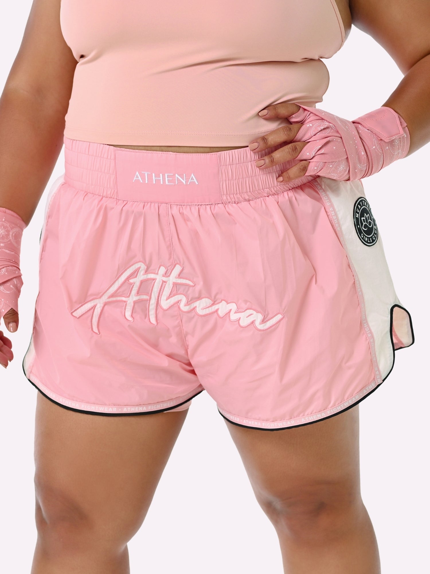 Athena Fightwear women's muay thai fight shorts light pink nylon fast drying lightweight with safety shorts