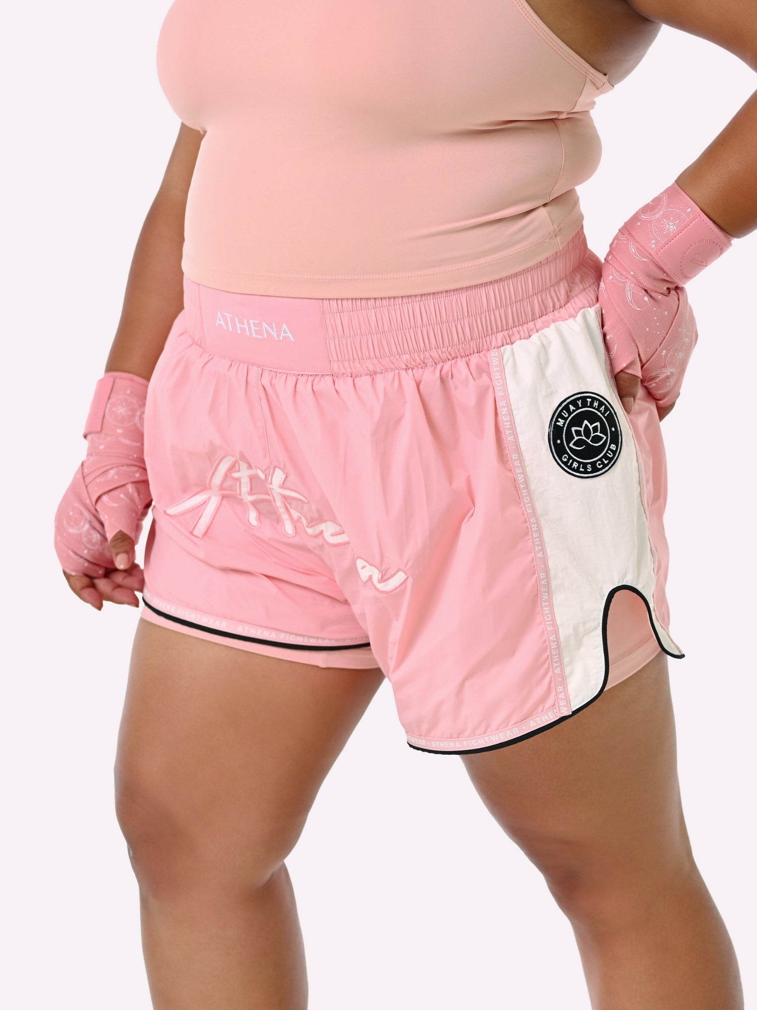 Athena Fightwear women's muay thai fight shorts light pink nylon fast drying lightweight with safety shorts