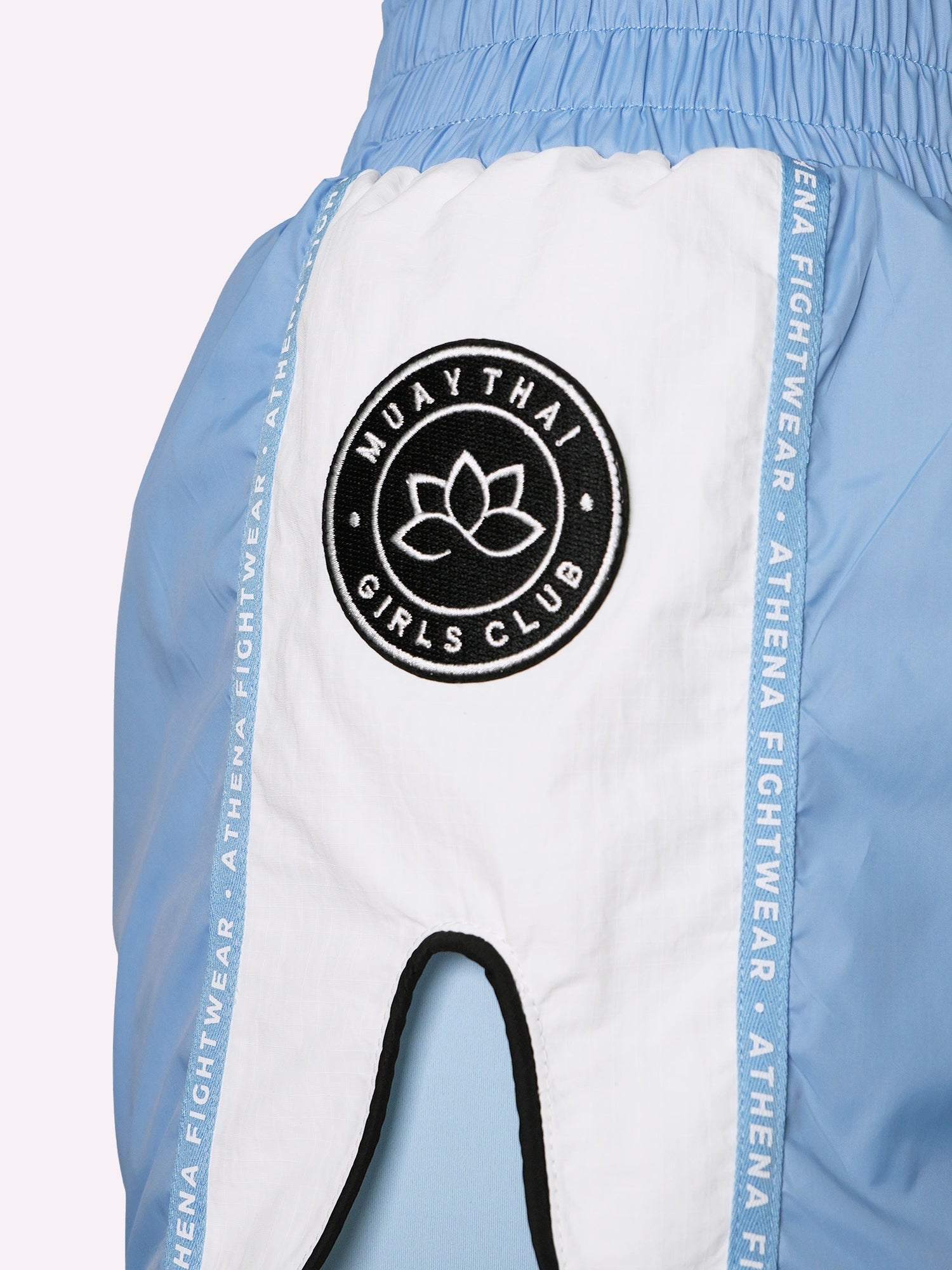 Athena Fightwear Alke Women's Muay Thai Shorts light baby blue nylon fast dry wide hips with in built safety shorts and pockets