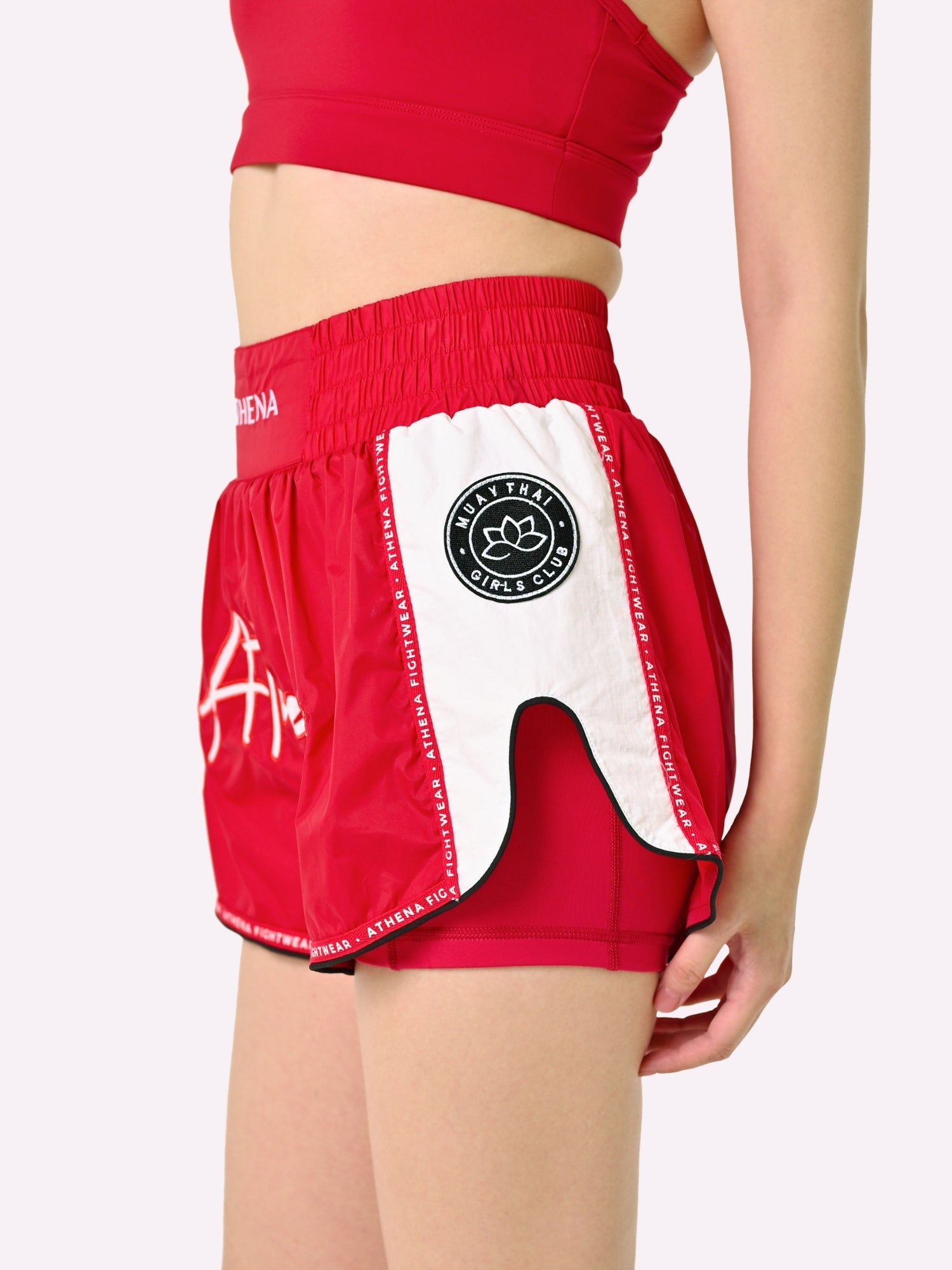 Athena Fightwear Alke Women's Muay Thai Shorts red fight corner nylon fast dry wide hips with in built safety shorts and pockets