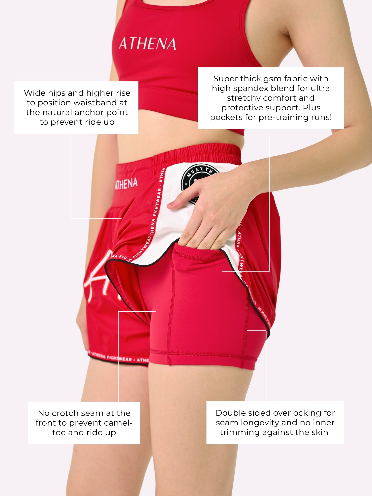 Athena Fightwear Alke Women's Muay Thai Shorts red fight corner nylon fast dry wide hips with in built safety shorts and pockets