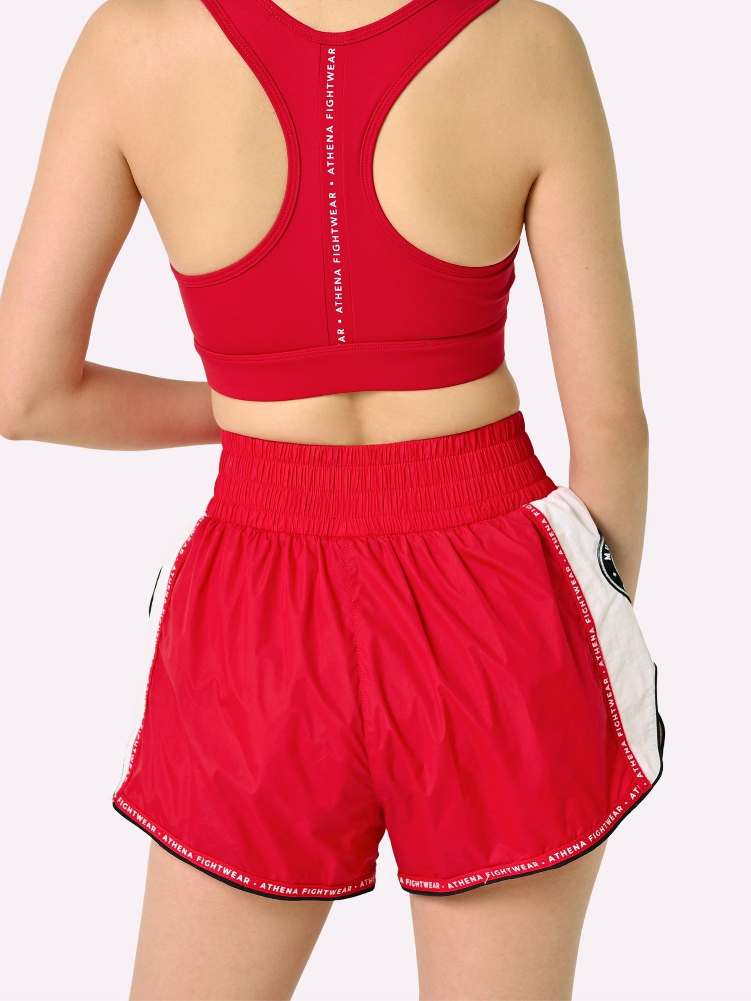 Athena Fightwear Alke Women's Muay Thai Shorts red fight corner nylon fast dry wide hips with in built safety shorts and pockets