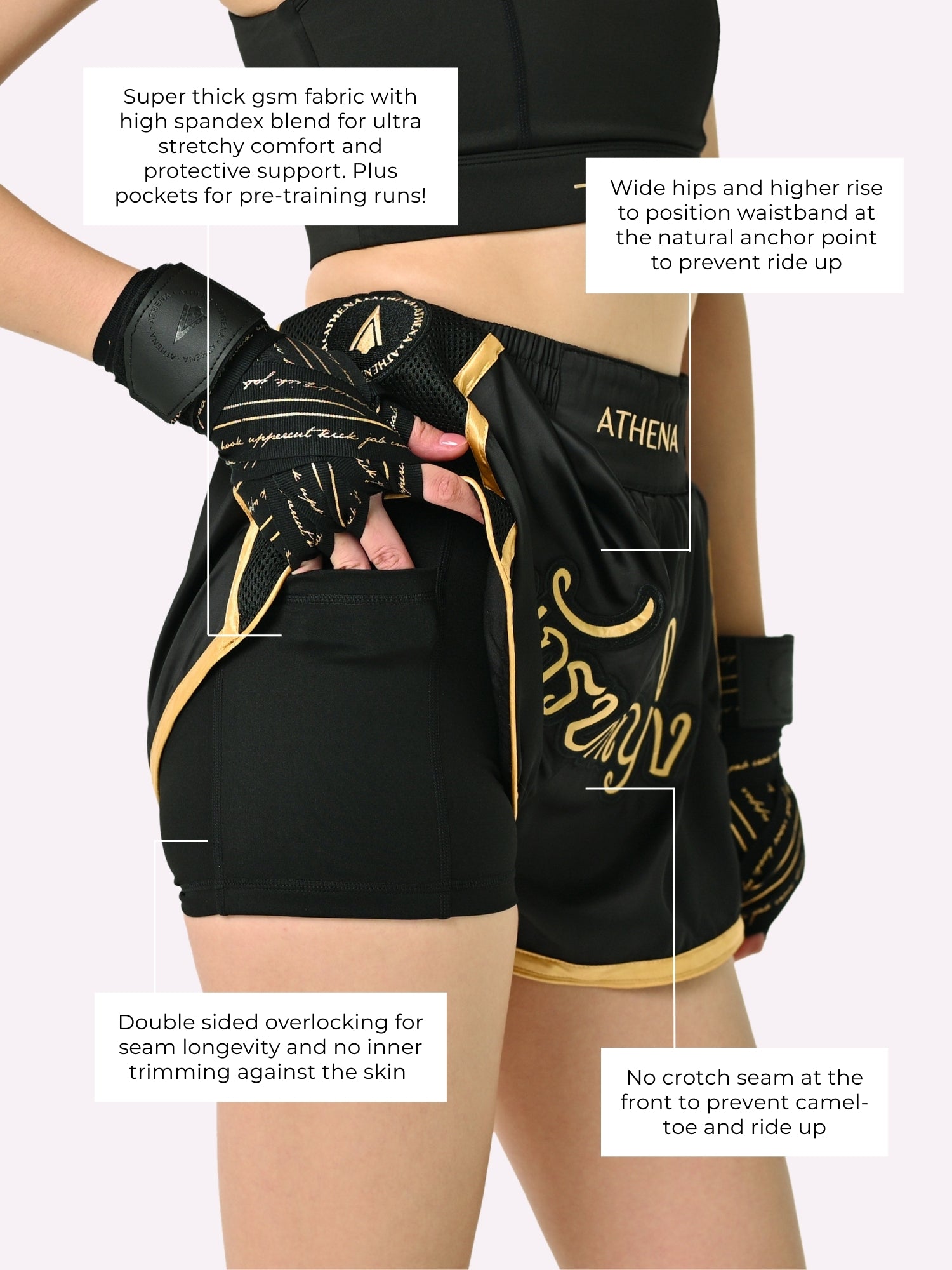 Athena Fightwear Artemisia women's Muay Thai Shorts Black & Gold with in built safety shorts anti camel toe panel pockets and anti ride up design