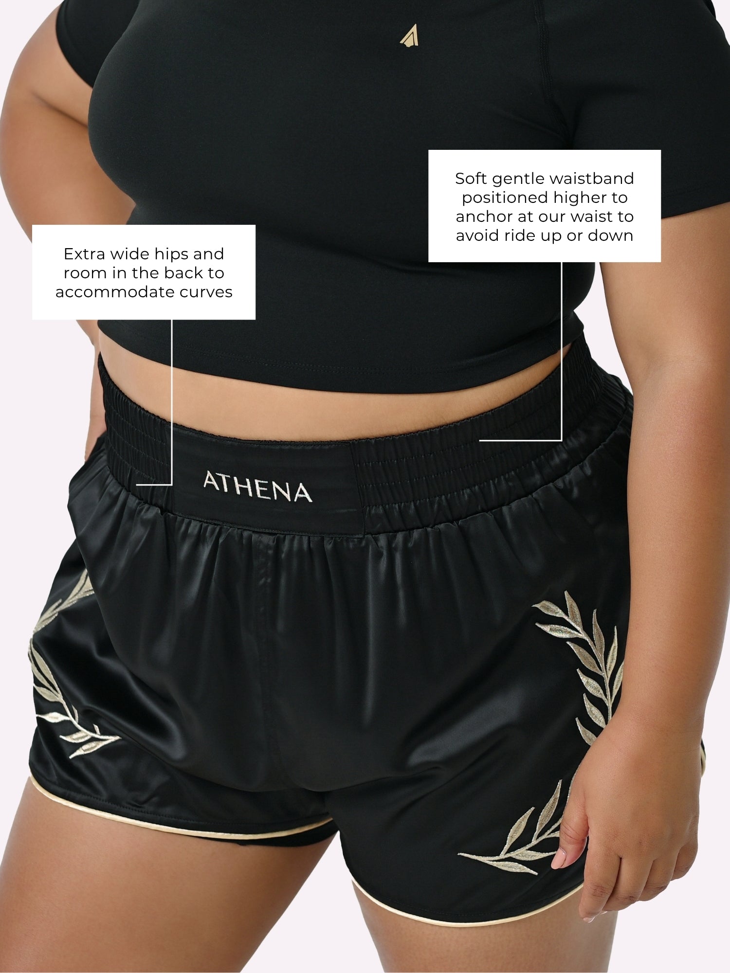 Athena Fightwear Athena Women's Muay Thai Shorts black & gold made with female waist to hip ratio wide hips built-in safety shorts with anti-camel toe and anti-ride up design and pockets