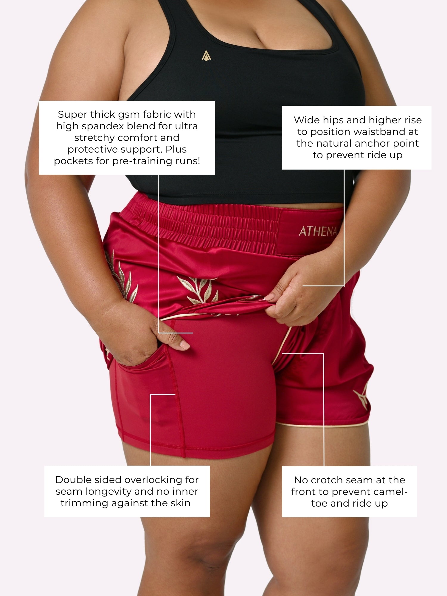 Athena Fightwear Athena Women's Muay Thai Shorts red & gold made with female waist to hip ratio wide hips built-in safety shorts with anti-camel toe and anti-ride up design and pockets