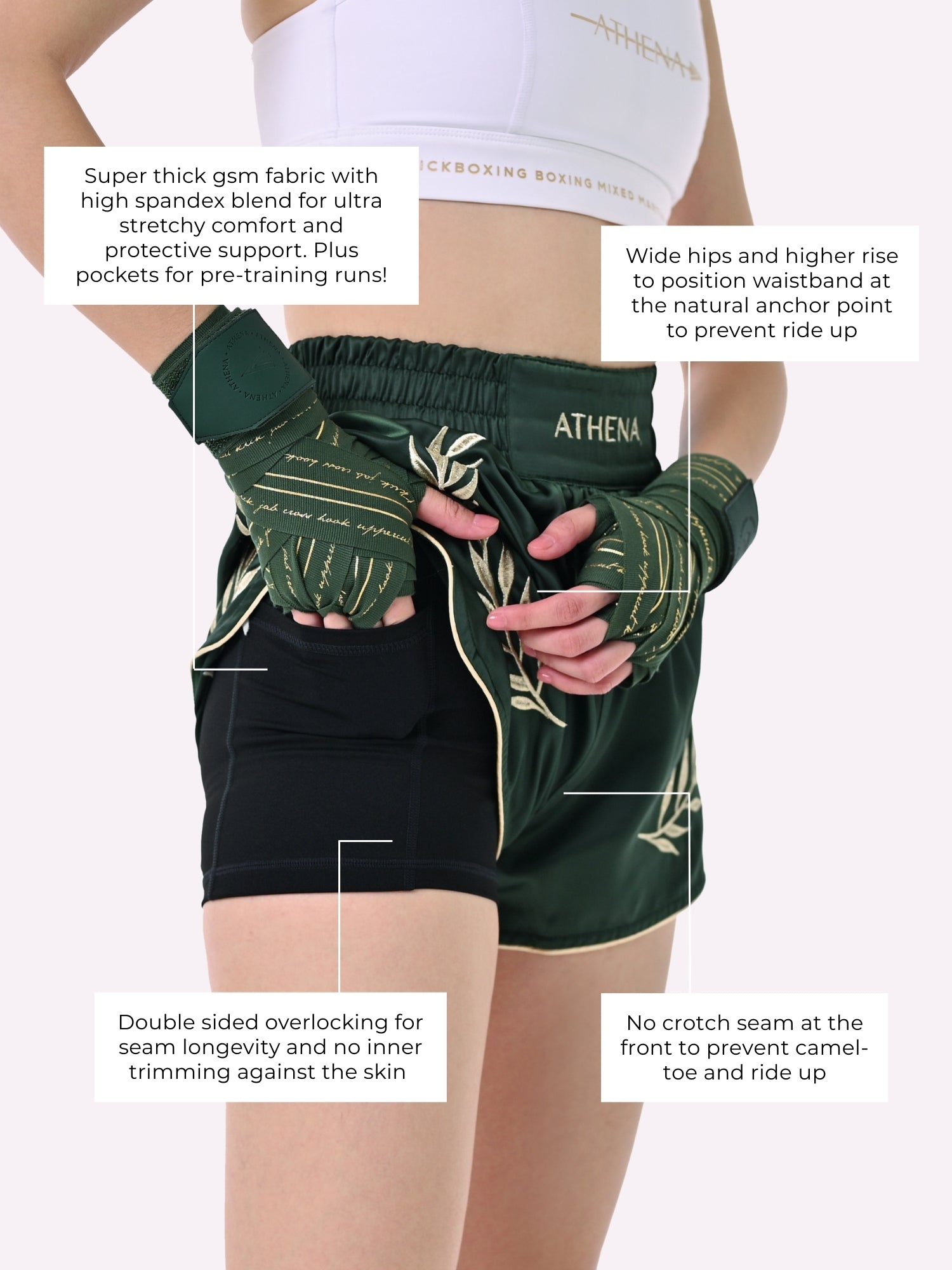 Athena Fightwear Athena Women's Muay Thai Shorts green and gold made with female waist to hip ratio wide hips built-in safety shorts with anti-camel toe and anti-ride up design and pockets