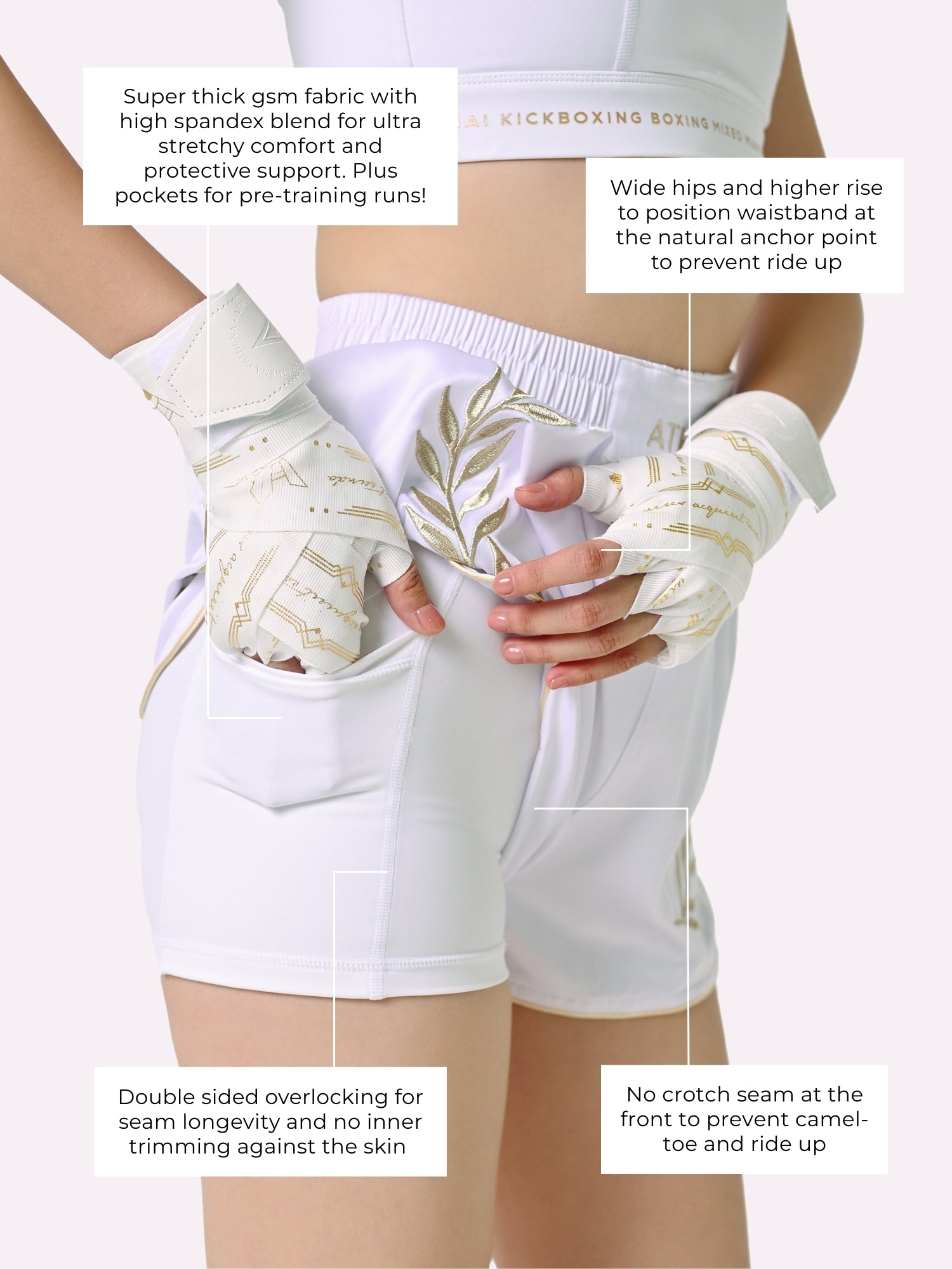 Athena Fightwear Athena Women's Muay Thai Shorts white & gold made with female waist to hip ratio wide hips built-in safety shorts with anti-camel toe and anti-ride up design and pockets