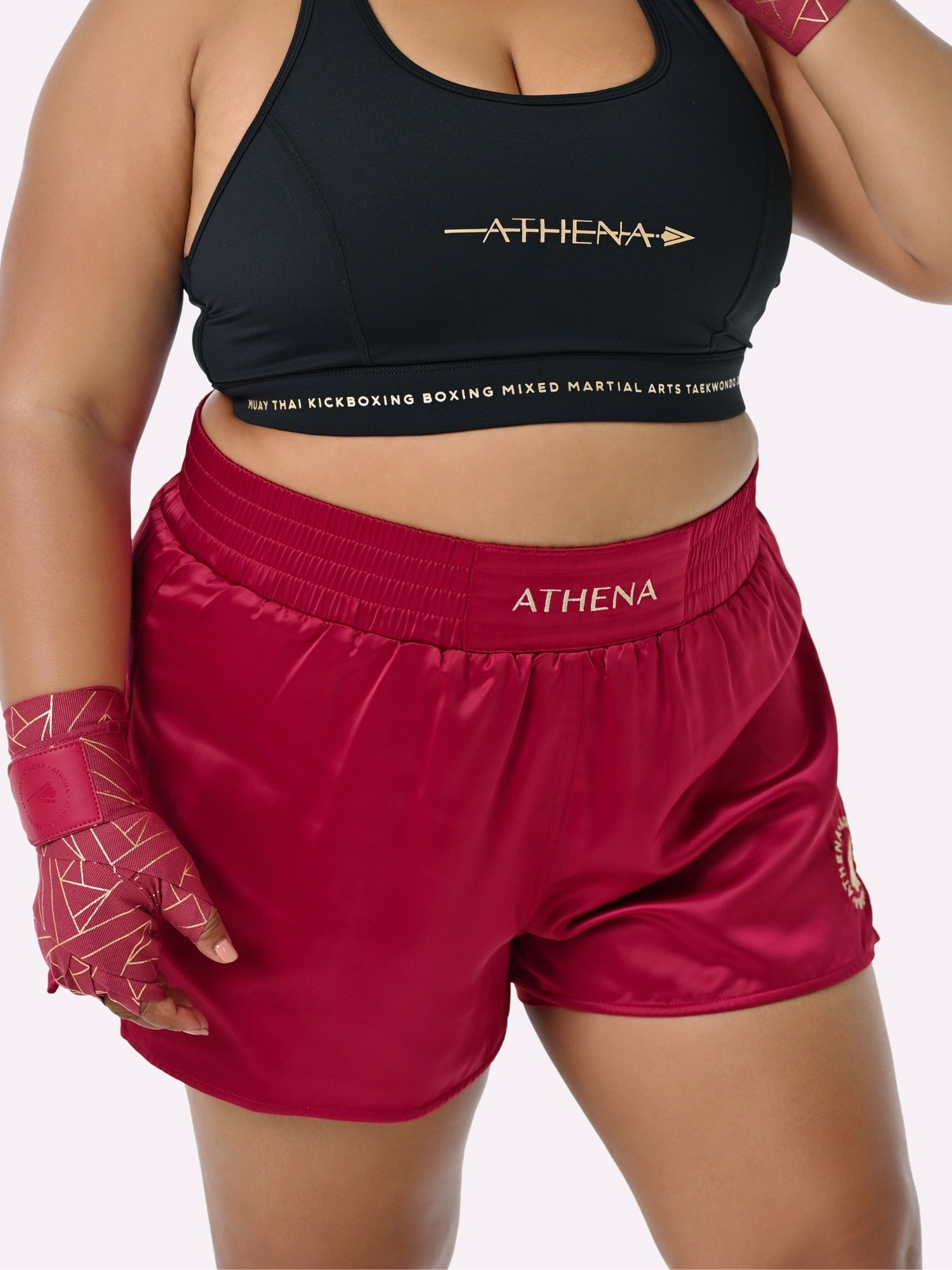 Athena Fightwear Enyo Women's Muay Thai Shorts Berry Red made for the female body with built-in anti-camel toe and anti-ride up safety shorts with pockets