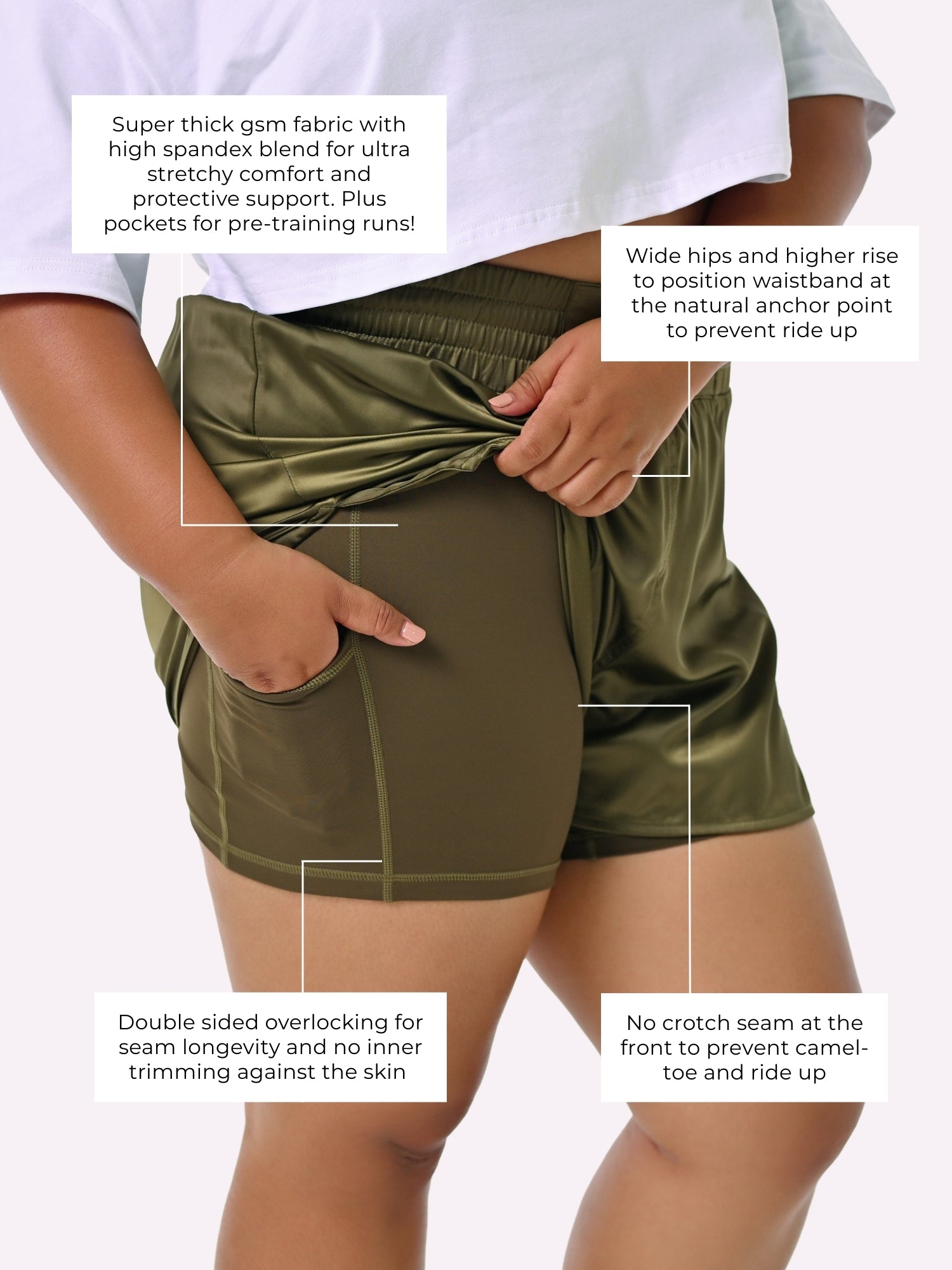 Athena Fightwear Enyo Women's Muay Thai Shorts Khaki Green made for the female body with built-in anti-camel toe and anti-ride up safety shorts with pockets