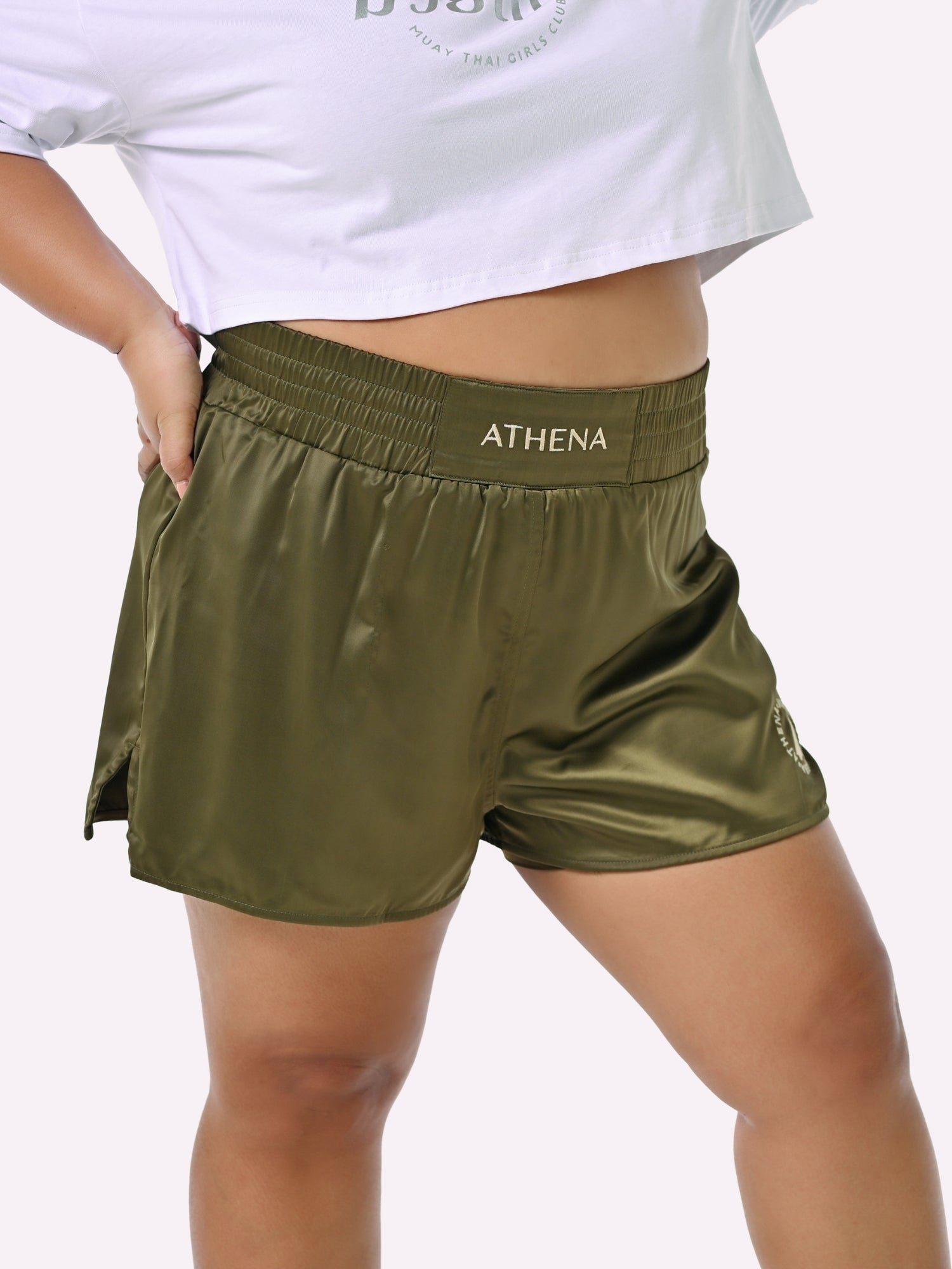Athena Fightwear Enyo Women's Muay Thai Shorts Khaki Green made for the female body with built-in anti-camel toe and anti-ride up safety shorts with pockets