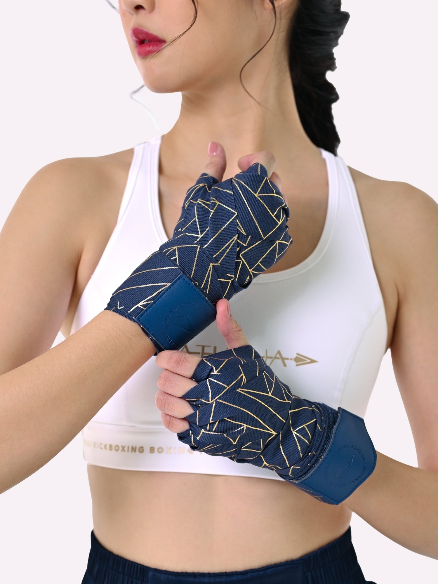 Athena Fightwear Women's Eris Handwraps Stone Blue and Metallic Gold for boxing muay thai kickboxing MMA 4.5m 3m