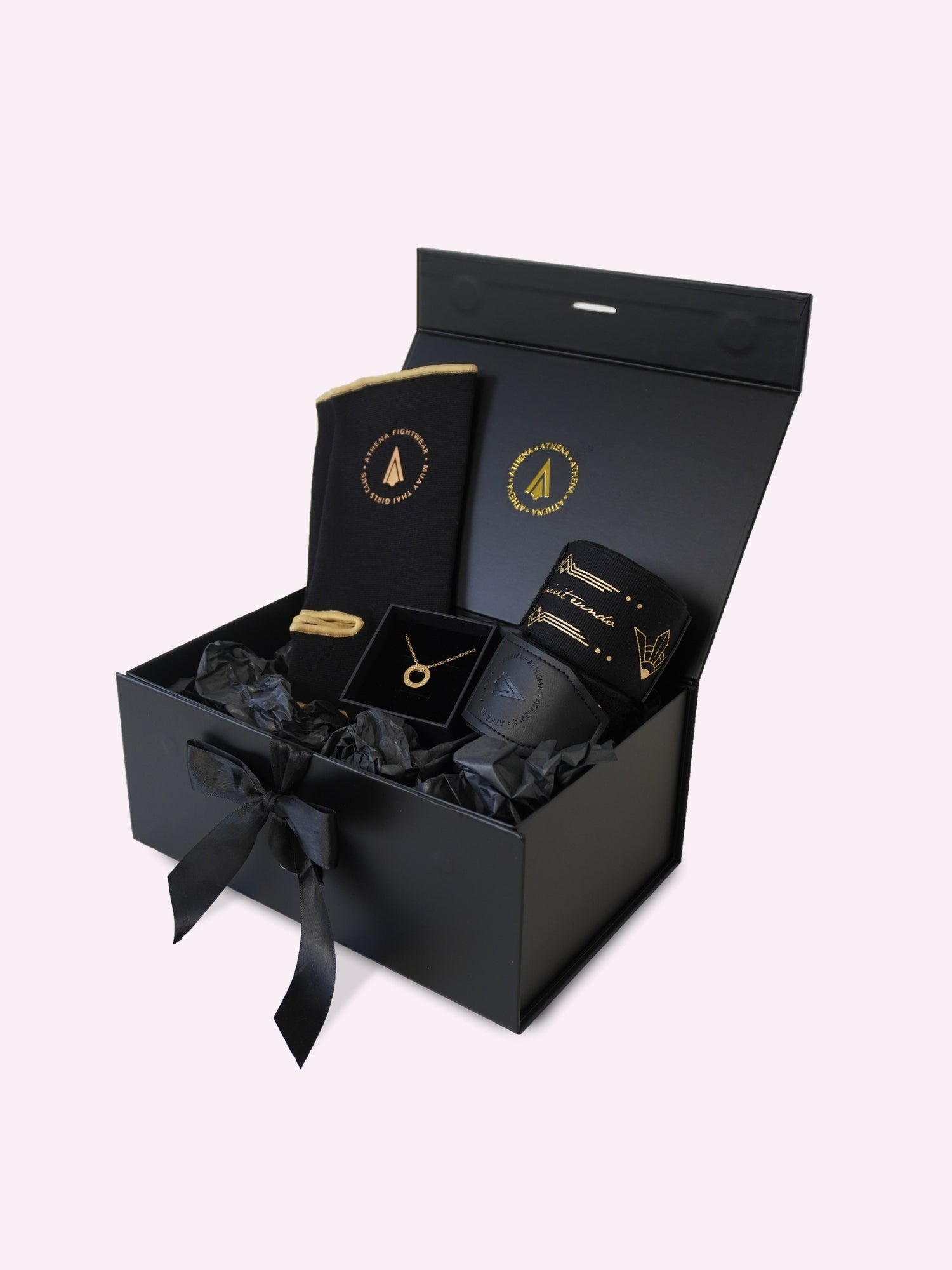 Athena Fightwear gift box with hand wrap ankle support and 18K gold plated tarnish-free sweatproof waterproof jab cross hook necklace for women girls who love muay thai and kickboxing