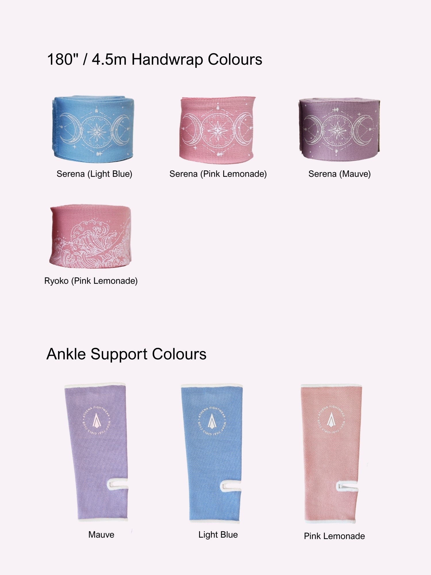 Athena Fightwear gift box with your choice of pastel coloured hand wraps and ankle support packed in a premium black gift box with ribbon perfect gift for women and girls who love muay thai and kickboxing