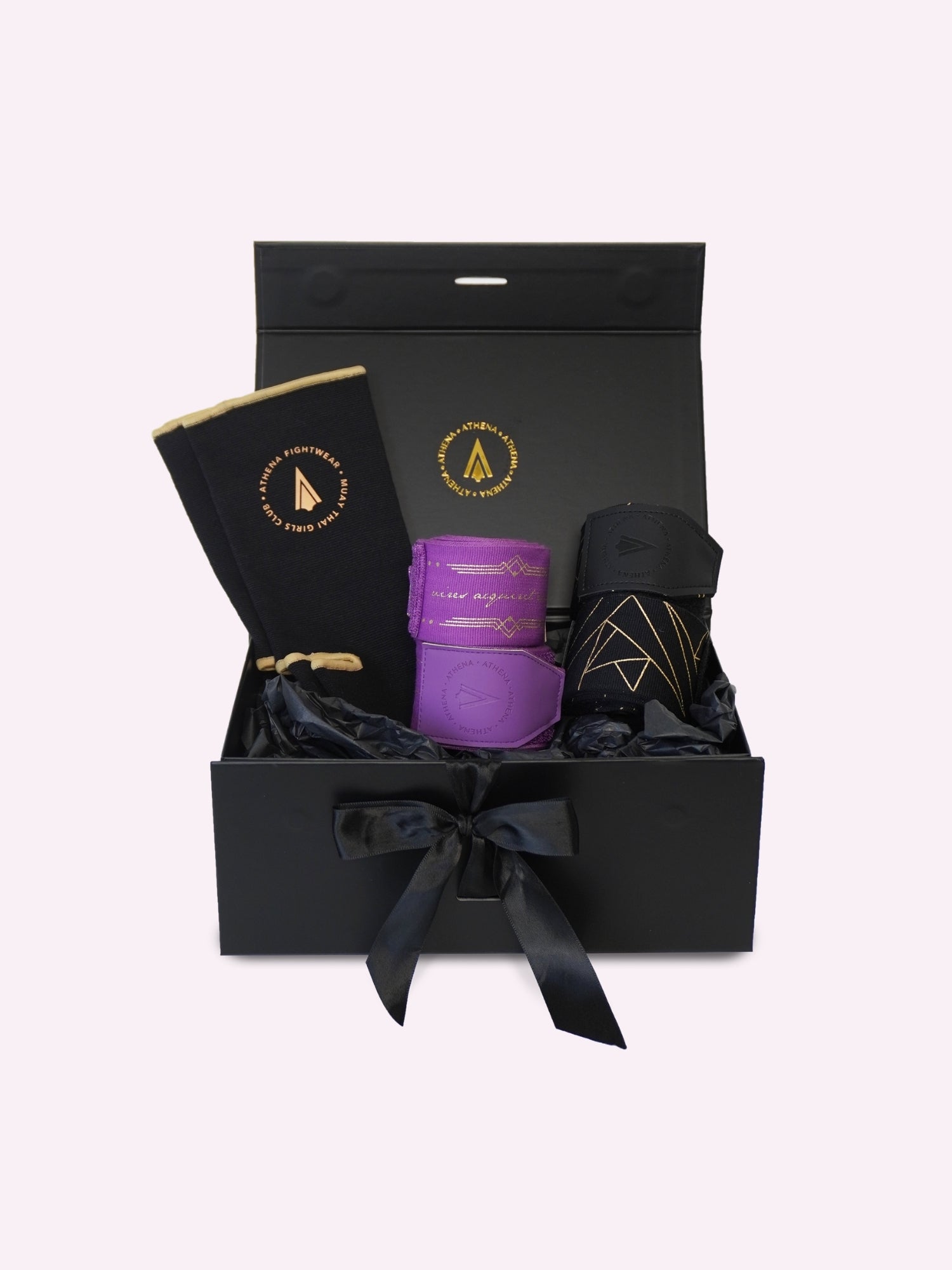 athena fightwear black and gold gift box with black and gold handwrap ankle support and jewel coloured boxing hand wrap of your choice perfect gift for girls women who do muay thai kickboxing