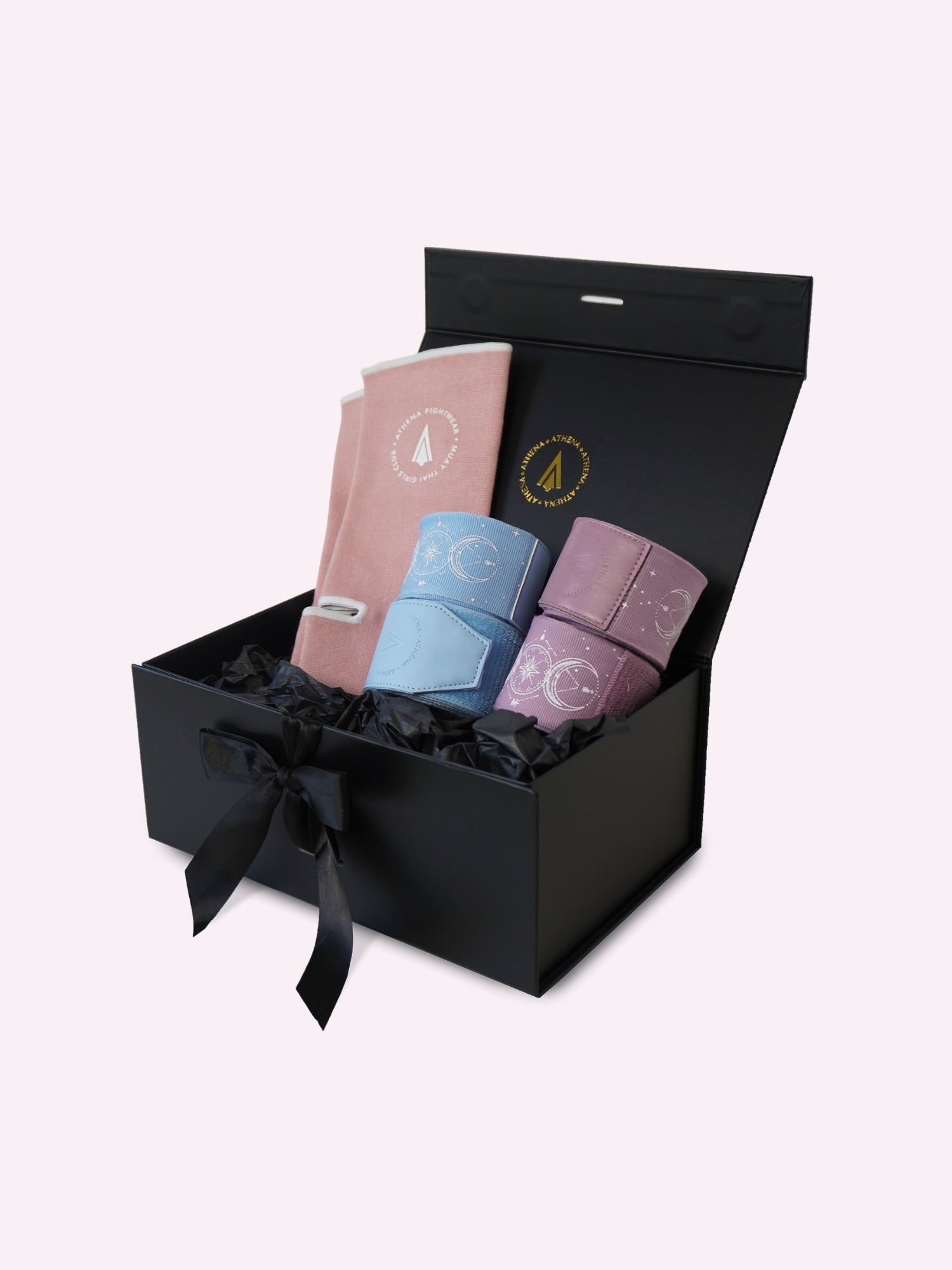 Athena Fightwear gift box with your choice of pastel coloured hand wraps and ankle support packed in a premium black gift box with ribbon perfect gift for women and girls who love muay thai and kickboxing