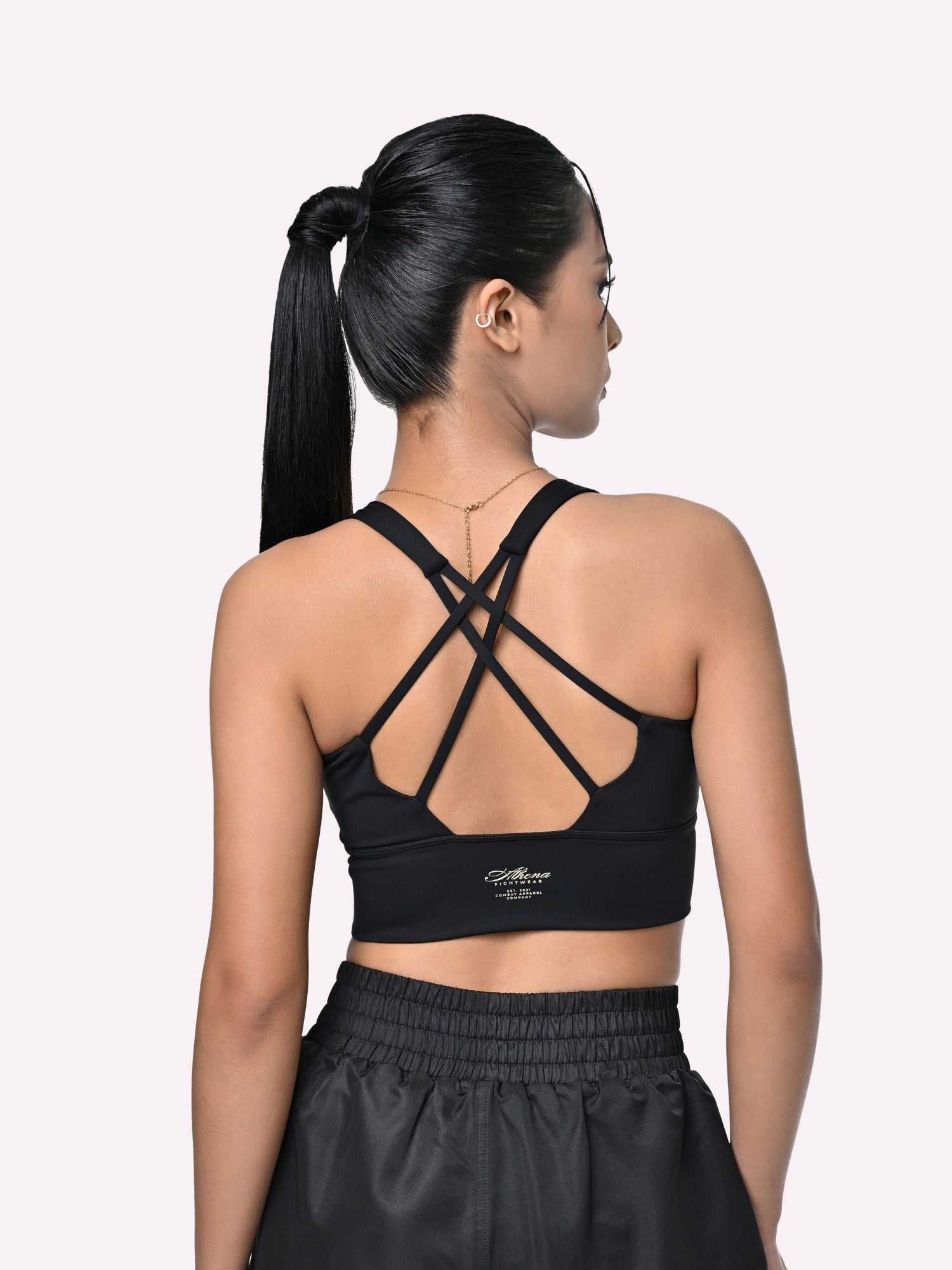 Athena Fightwear Women's Crop Top Longline Sports Bra with crossback for Boxing black and gold