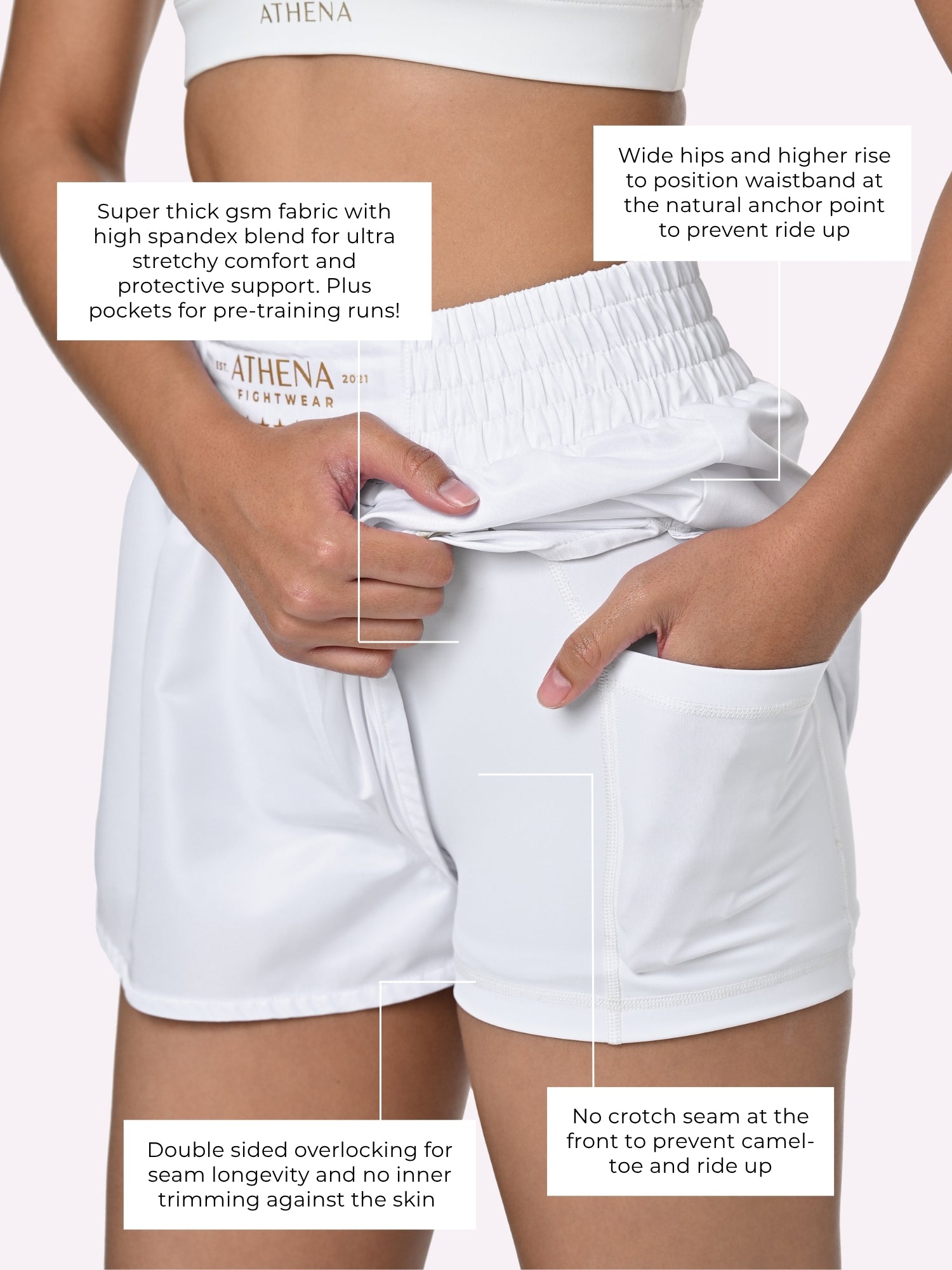 Athena Fightwear Hera women's boxing combat sports muay thai kickboxing mma white and gold shorts with wide hips built in safety shorts anti camel toe with pockets