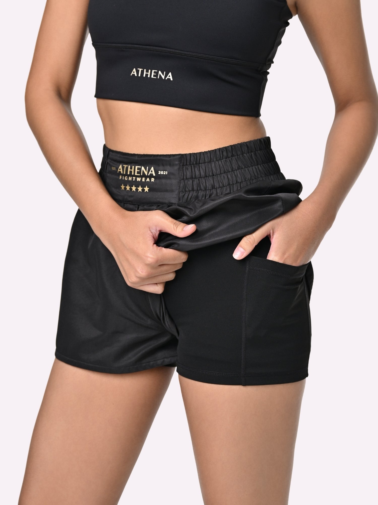Athena Fightwear Hera women's boxing combat sports muay thai kickboxing mma block and gold shorts with wide hips built in safety shorts anti camel toe with pockets