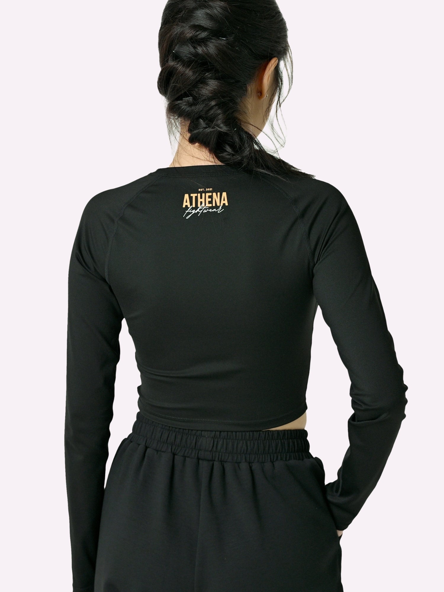 Athena Fightwear long sleeved crop top butter soft nylon black