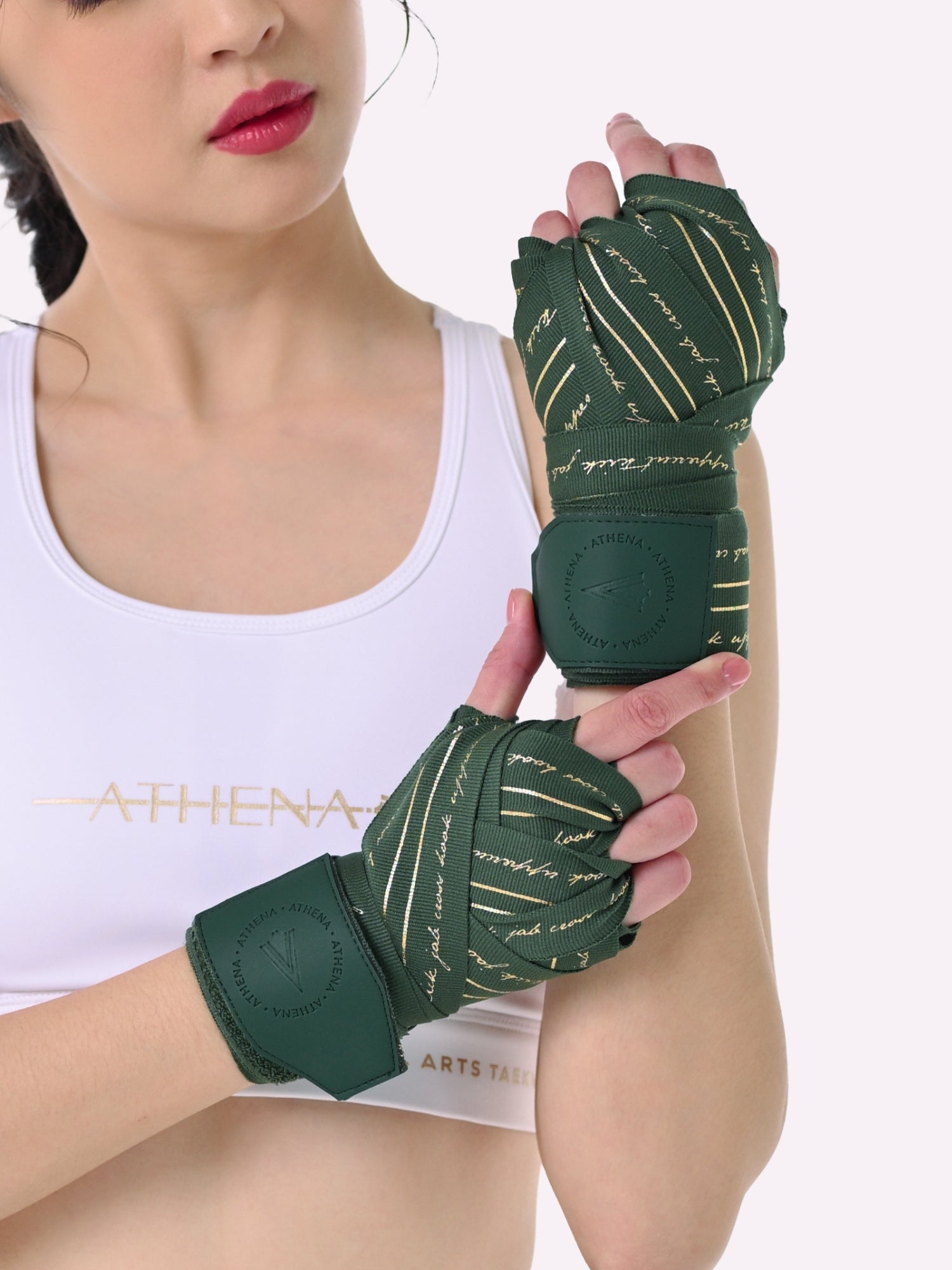 Athena Fightwear women's Nerio Handwraps in Hunter Green and Metallic Gold for boxing muay thai kickboxing MMA 4.5m
