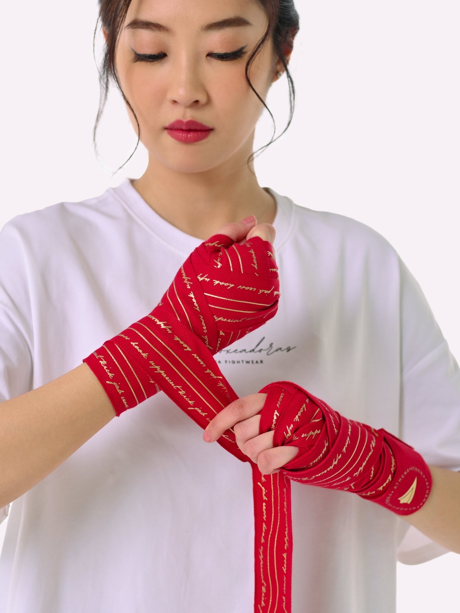 Athena Fightwear women's Nerio Handwraps in Red and Metallic Gold for boxing muay thai kickboxing MMA 4.5m