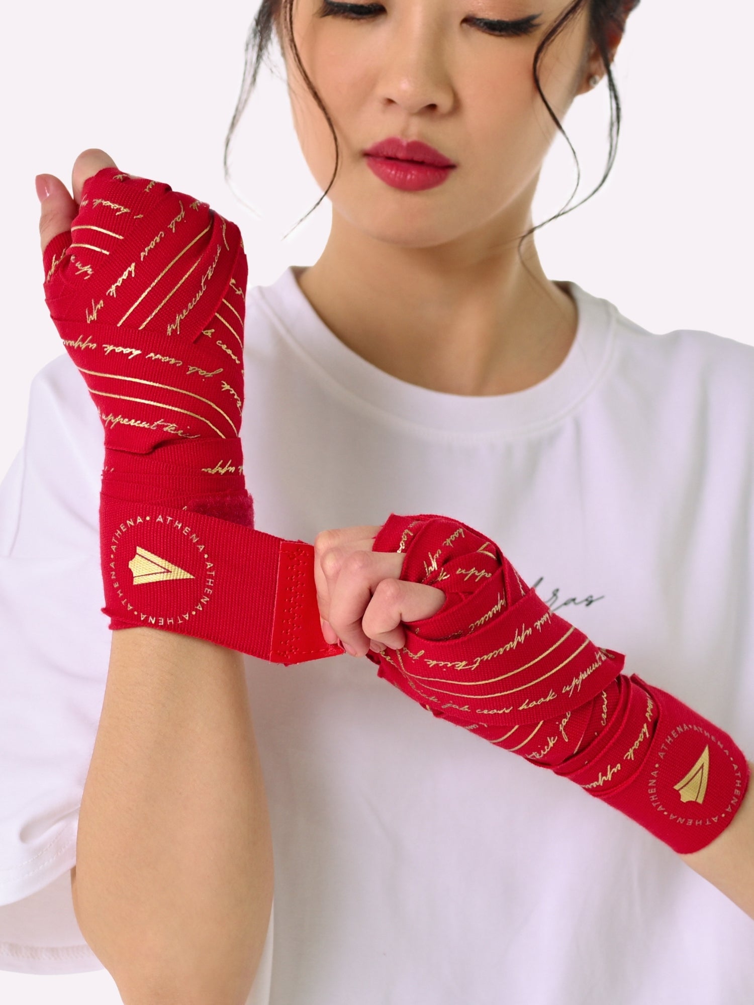 Athena Fightwear women's Nerio Handwraps in Red and Metallic Gold for boxing muay thai kickboxing MMA 4.5m