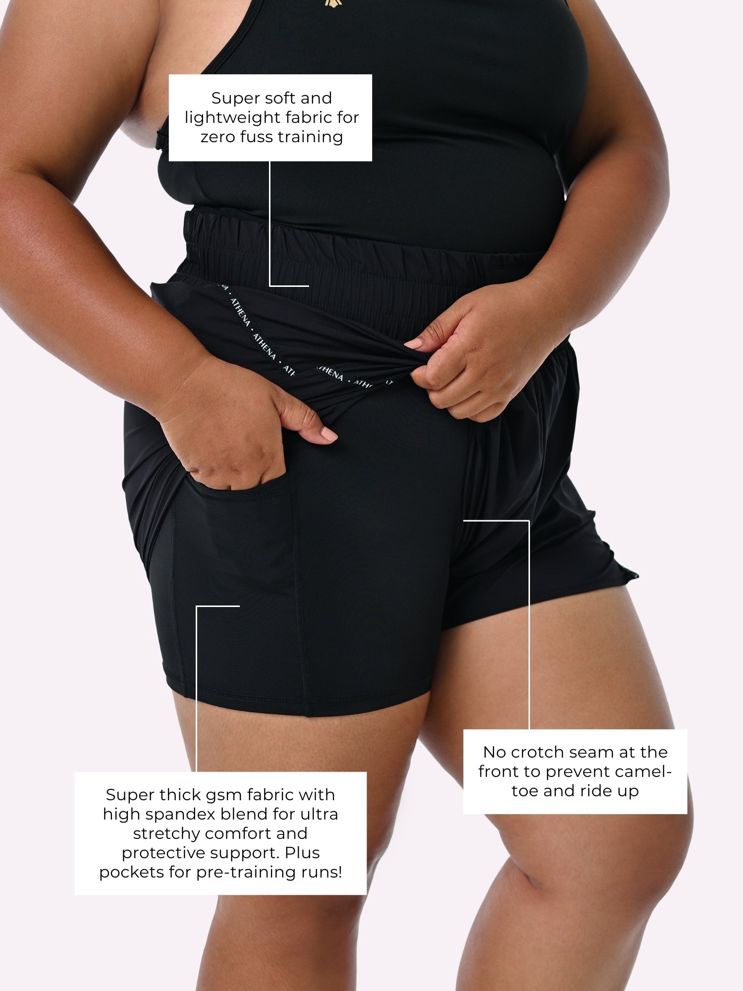 Athena Fightwear Theia Boxing Shorts Black high waisted for women super lightweight with anti-camel toe inner shorts with pockets