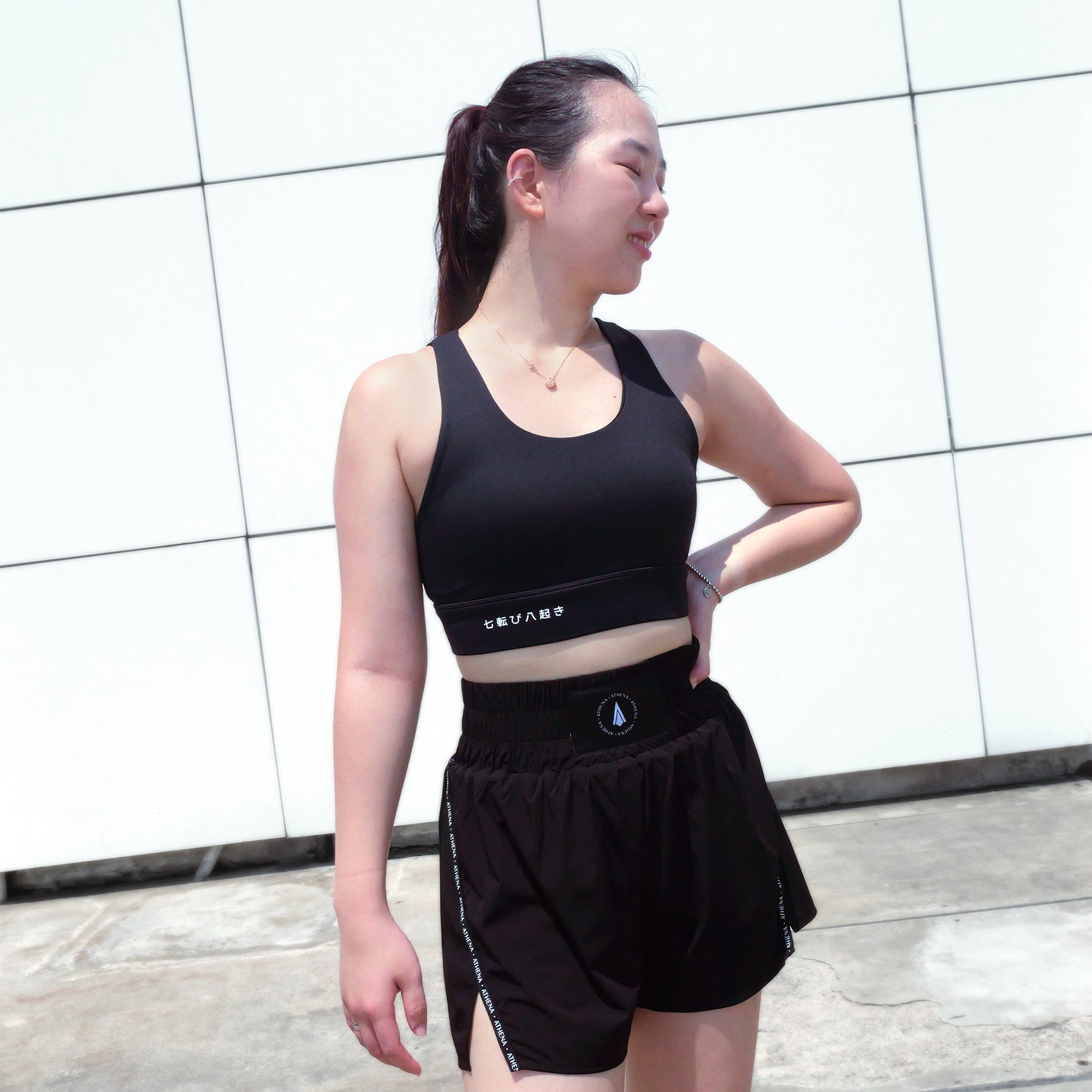 Athena Fightwear black Theia sports bra japanese proverb fall 7 times get up 8 martial arts women boxing muay thai bjj kickboxing