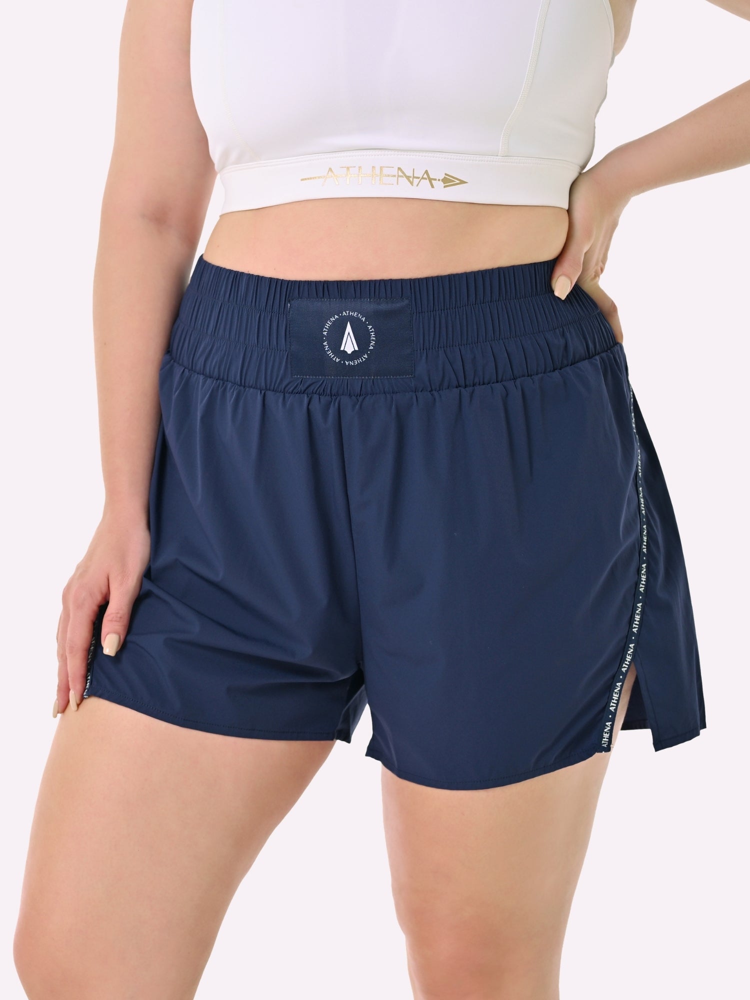 Athena Fightwear Theia Navy Women's Boxing Shorts with built in safety inner shorts and pockets