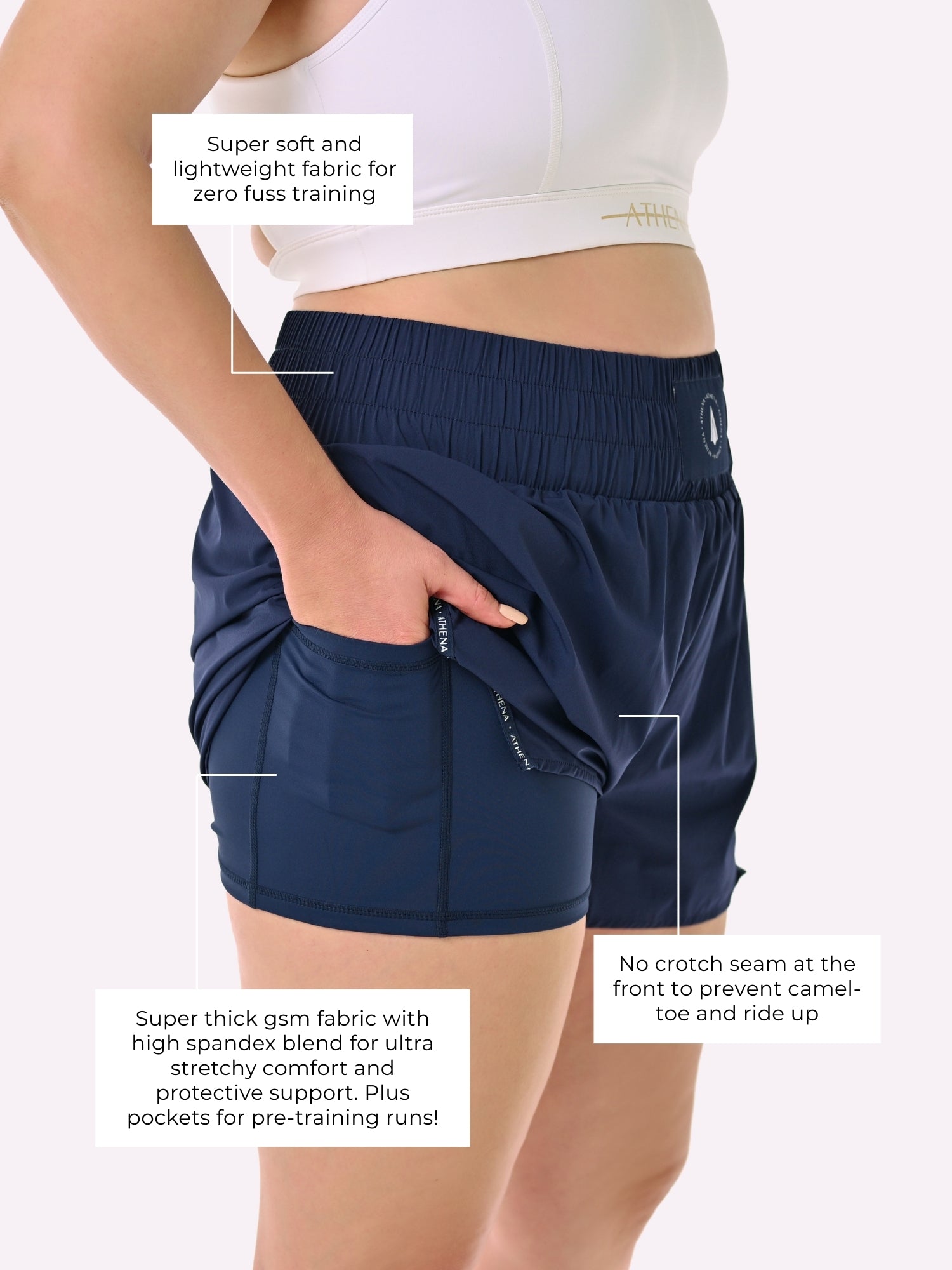 Athena Fightwear Theia Navy Women's Boxing Shorts with built in safety inner shorts and pockets