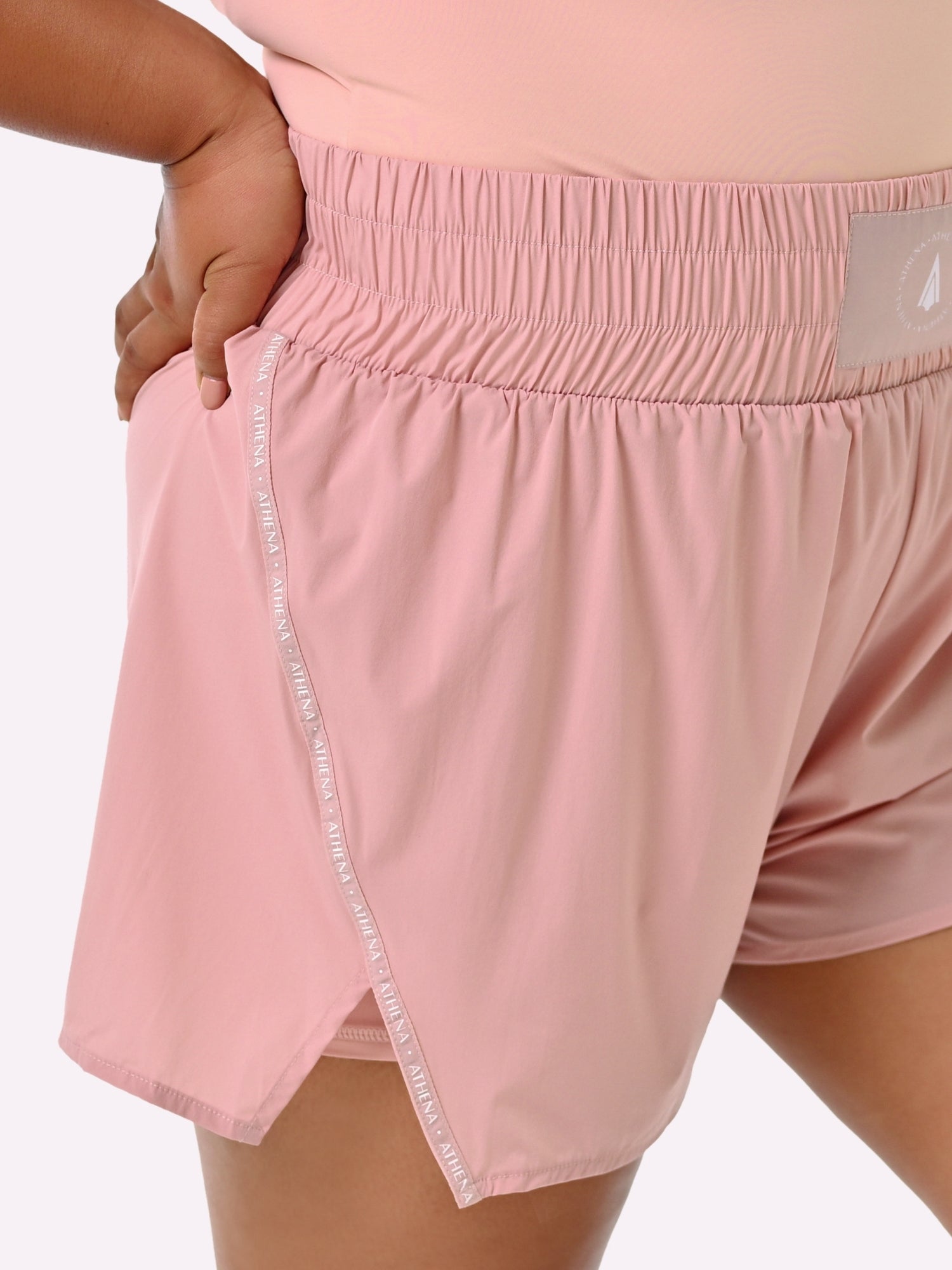 Athena Fightwear Theia light pink Women's Boxing Shorts with built in safety inner shorts and pockets