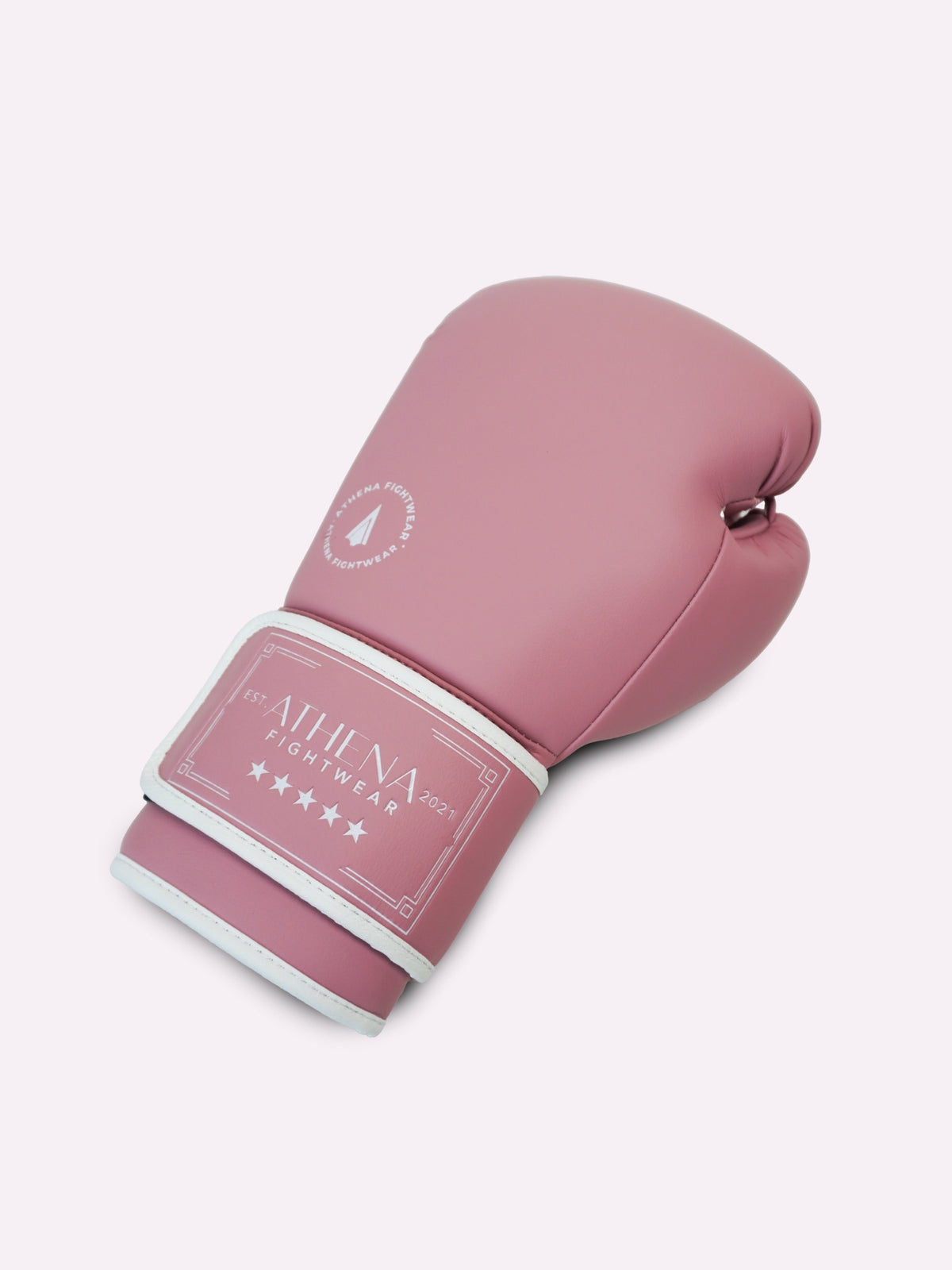 Side view of a single orchid pink Athena women's boxing glove with white trim