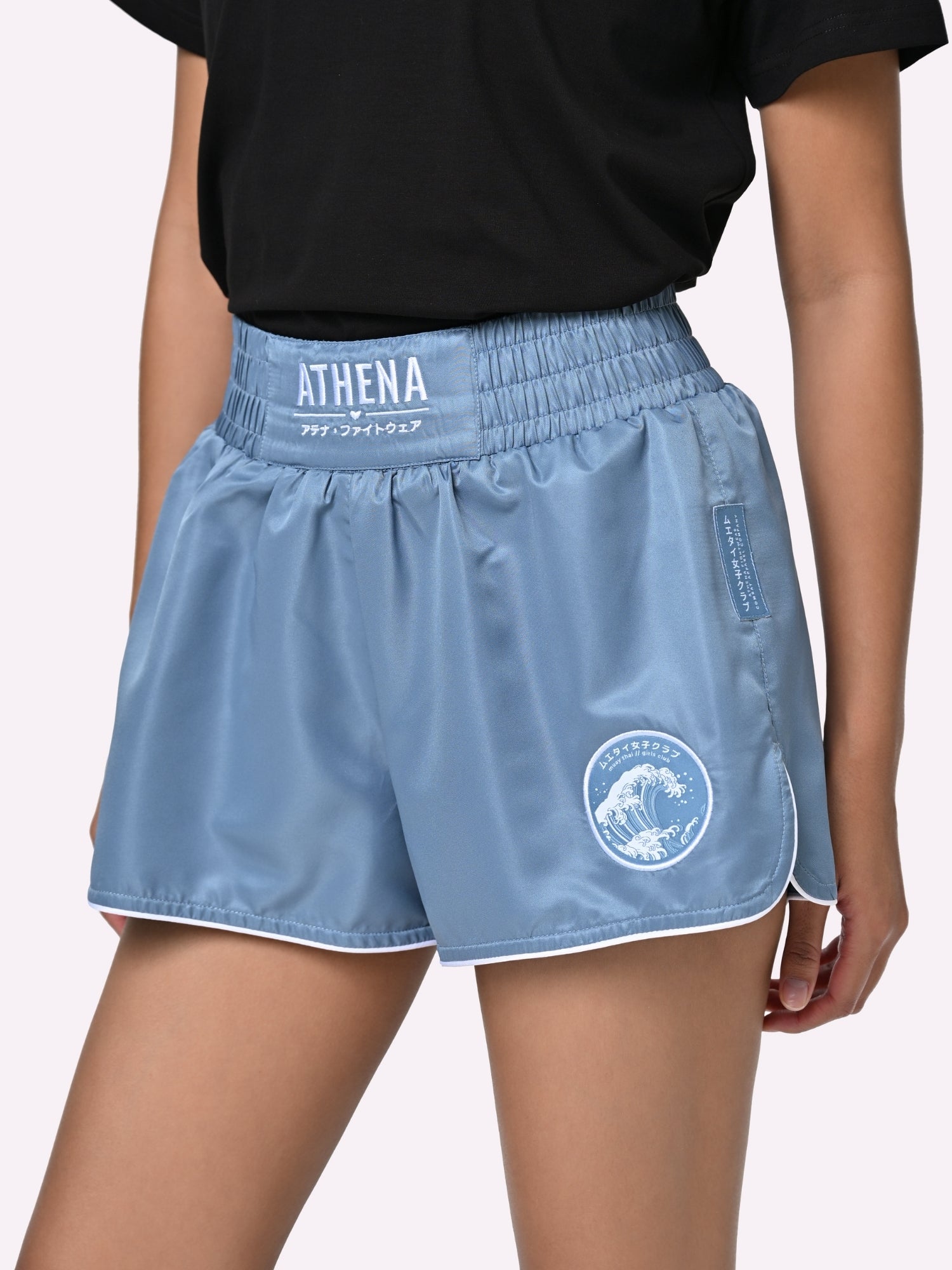 Athena Fightwear Ryoko Women's Muay Thai Shorts japanese inspired ash blue and white with built-in anti camel toe shorts with pockets