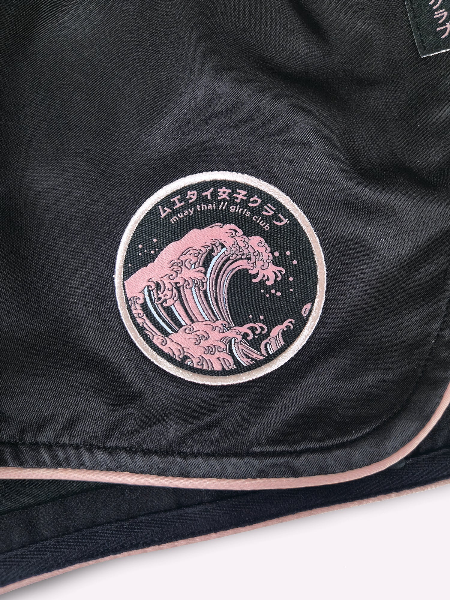 Athena Fightwear Ryoko Women's Muay Thai Shorts inspired by Japanese ocean wave Hokusai art black pink kawaii killer with built-in anti-camel toe safety shorts with pockets