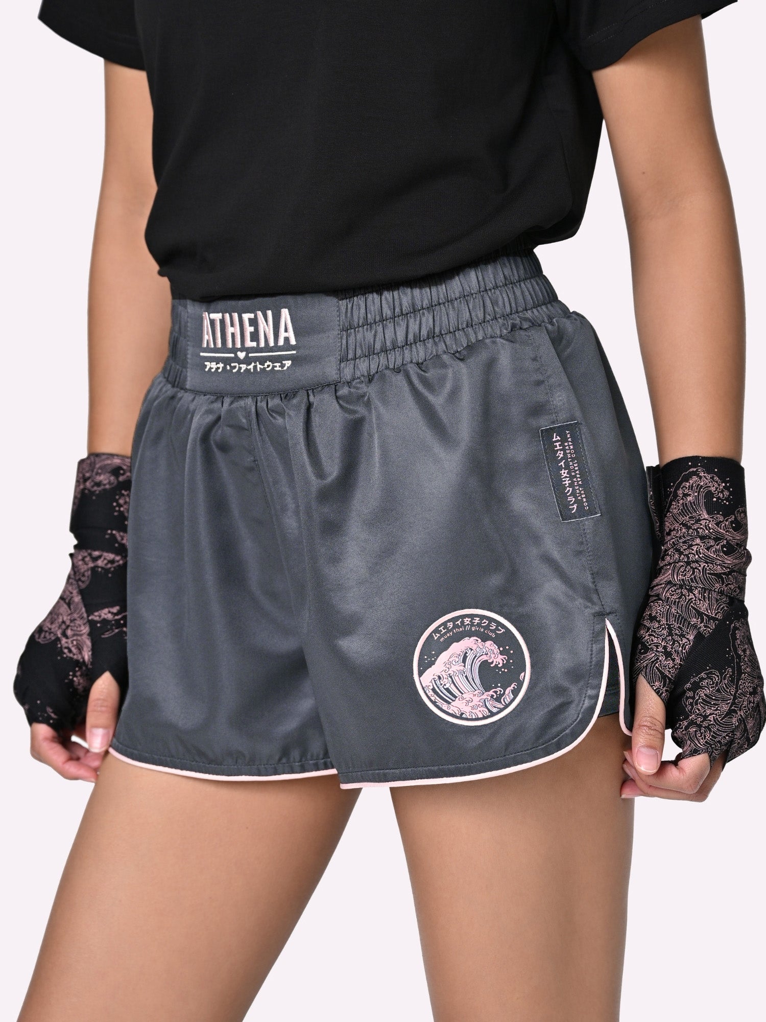Athena Fightwear Ryoko Japanese inspired women's muay thai shorts with wide hips and built-in anti camel toe safety shorts with pockets Hokusai Great Wave Off Kanagawa ocean wave art grey pink