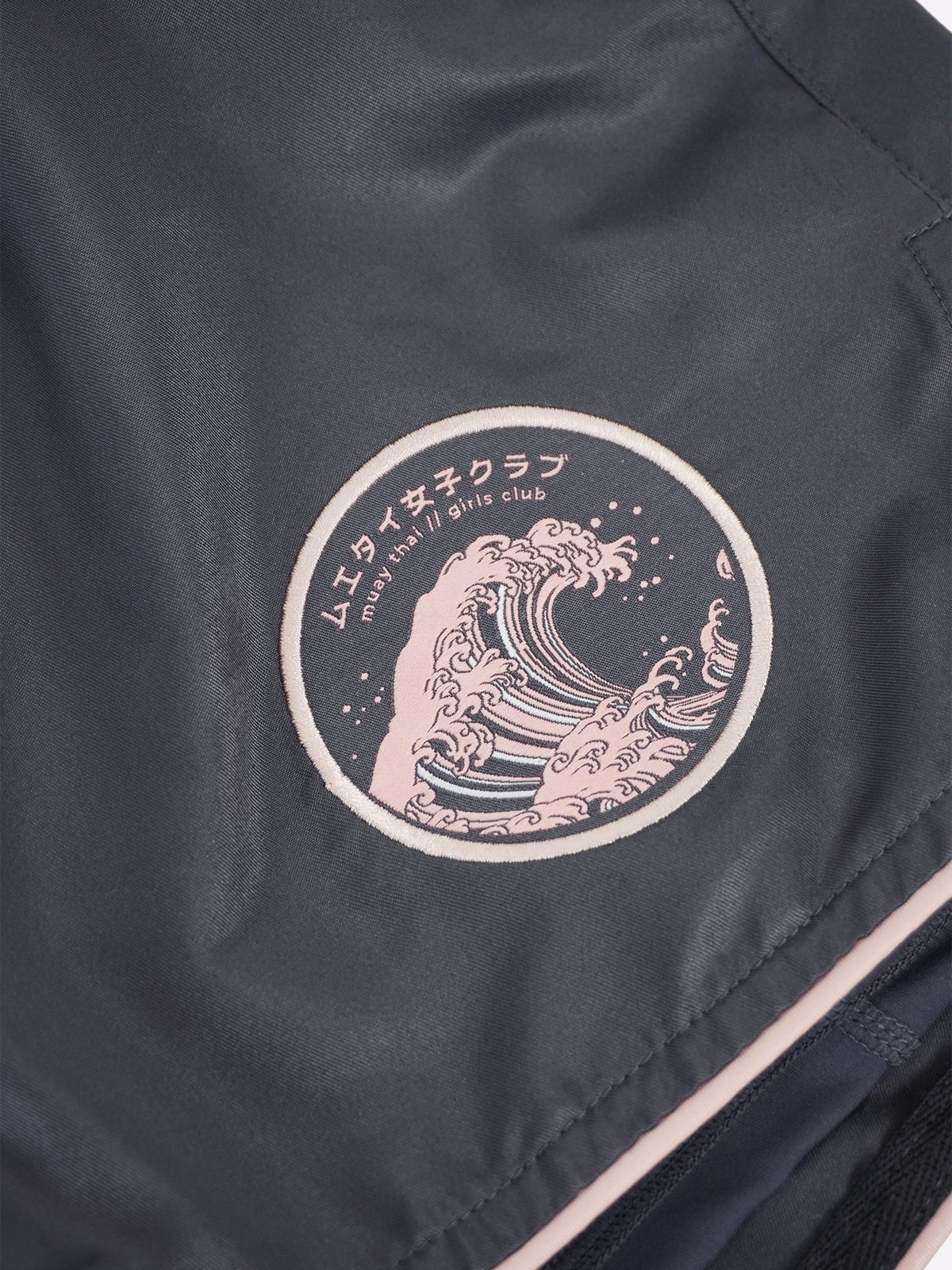 Athena Fightwear Ryoko Japanese inspired women's muay thai shorts with wide hips and built-in anti camel toe safety shorts with pockets Hokusai Great Wave Off Kanagawa ocean wave art grey pink