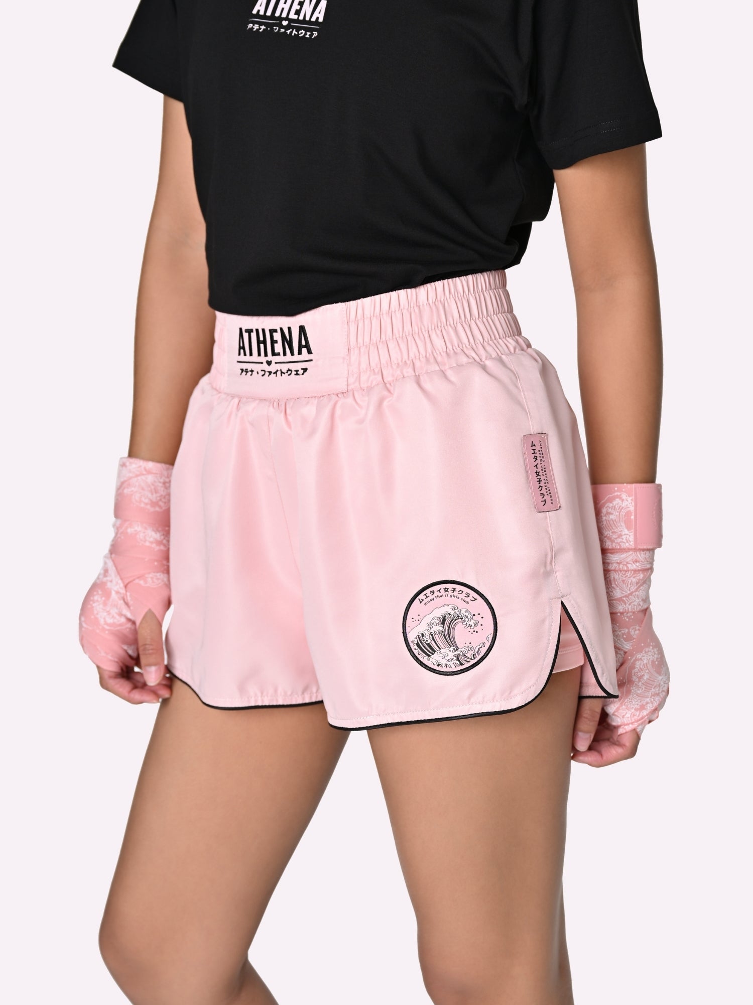 Athena Fightwear Ryoko Women's Muay Thai Shorts japanese inspired pink and black with built-in anti-camel toe shorts with pockets