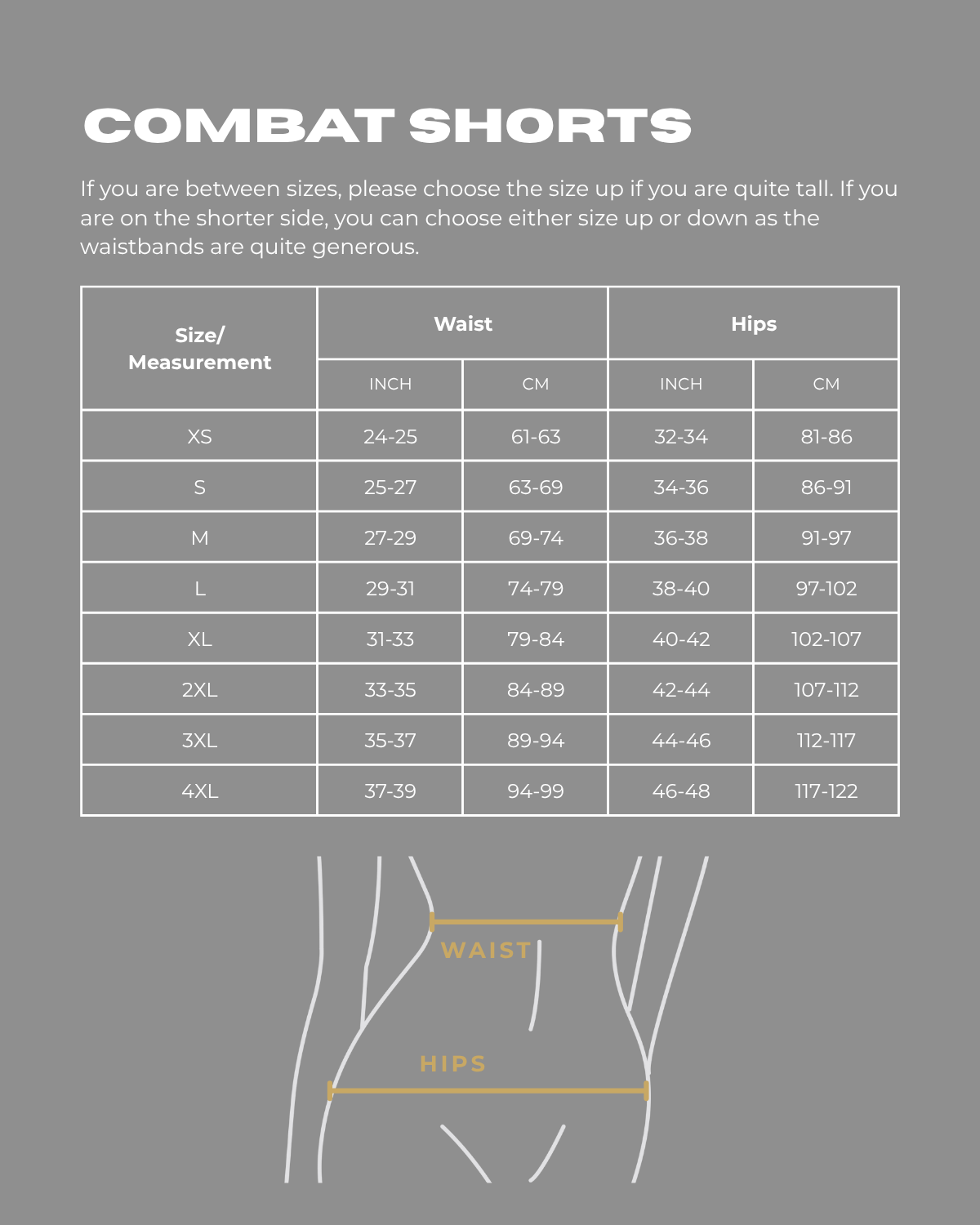 Athena Fightwear women's Muay Thai short size chart