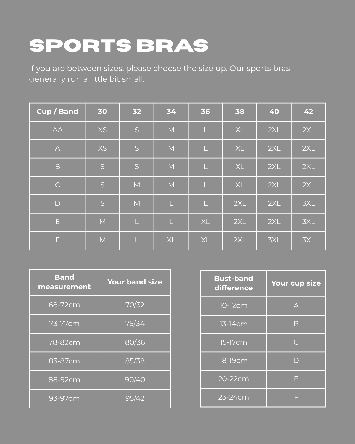 Athena Fightwear women's sports bras size chart