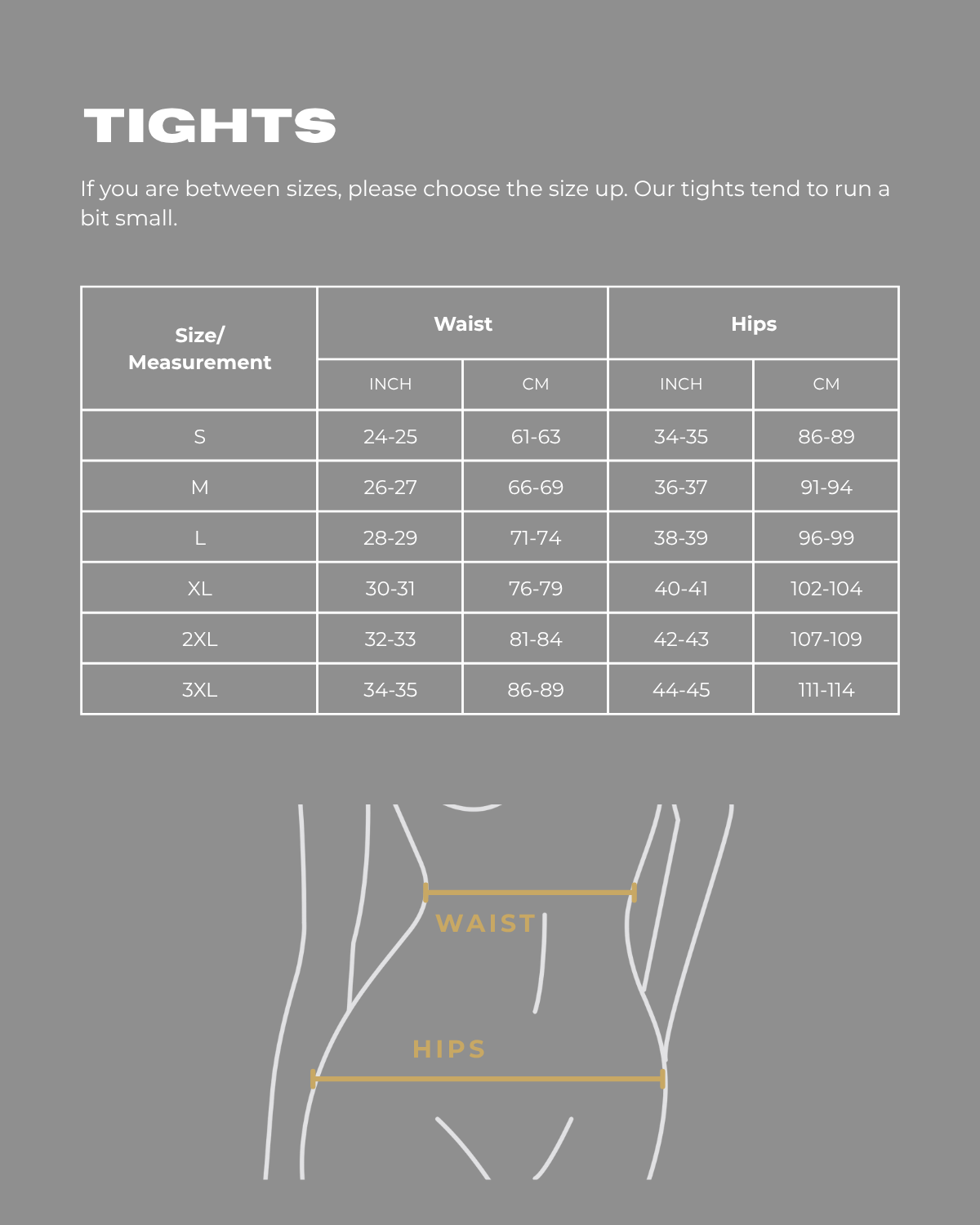 Athena Fightwear women's tights size chart