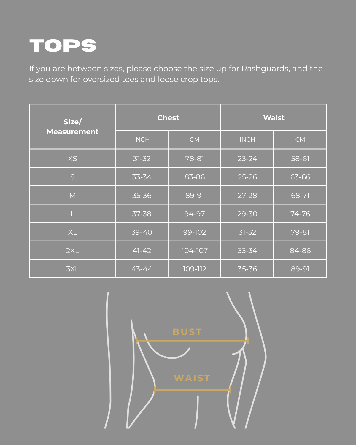 Athena Fightwear women's top size chart