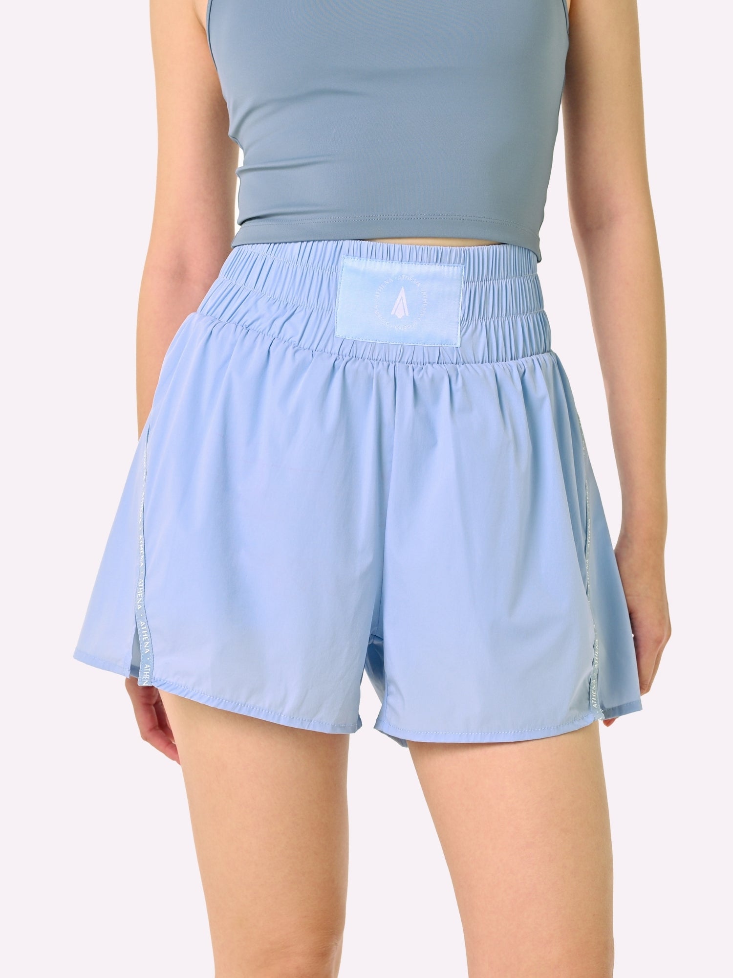 Athena Fightwear Theia Boxing Shorts in Light Blue highwaisted for women with anti-camel toe inner shorts with pockets