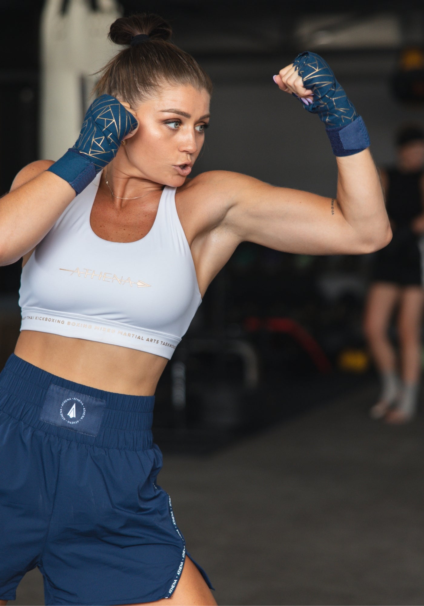 Athena Fightwear Theia Navy Women's Boxing Shorts with built in safety inner shorts and pockets