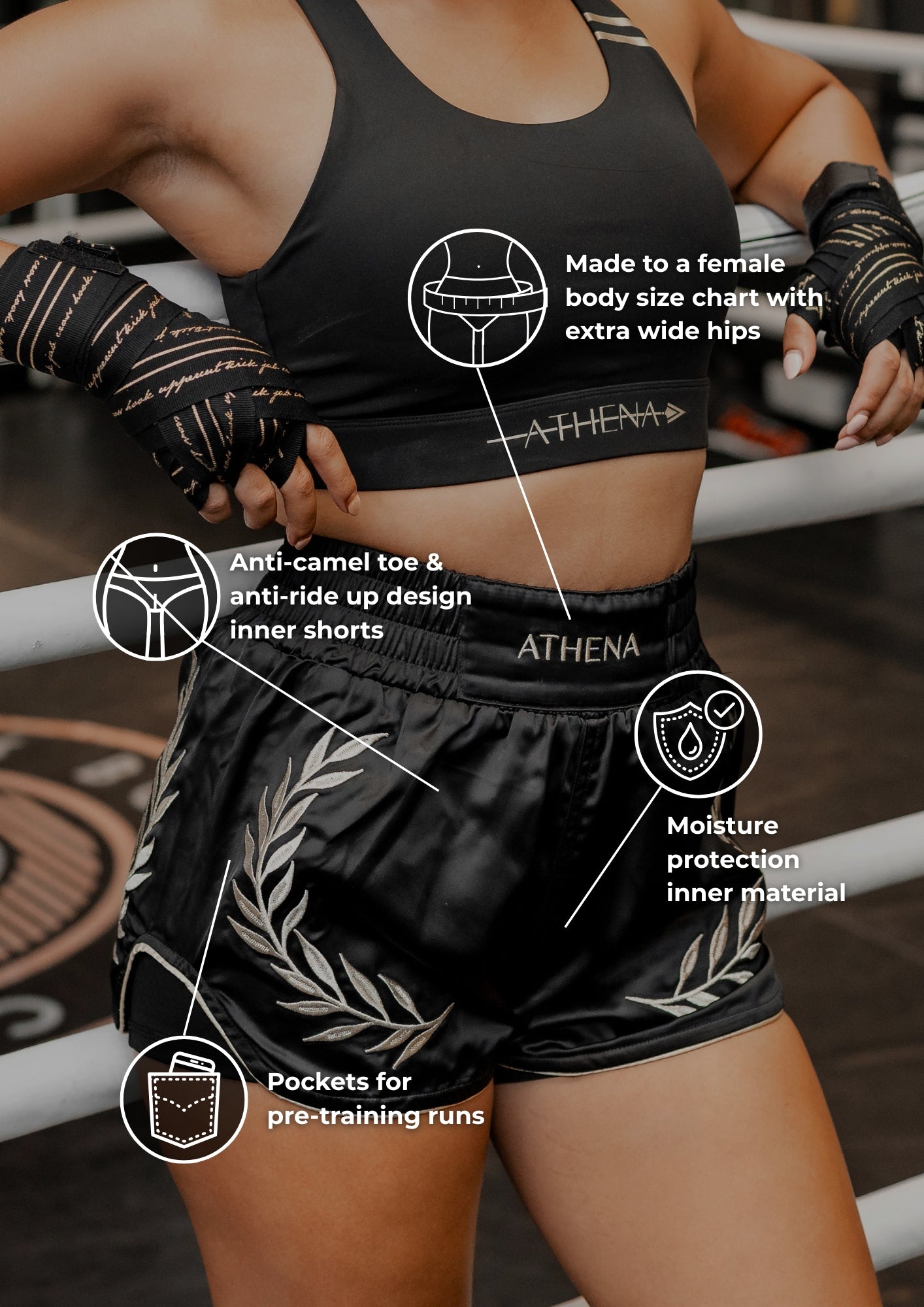 Athena Fightwear Athena Women's Muay Thai Shorts made with female waist to hip ratio wide hips built-in safety shorts with anti-camel toe and anti-ride up design and pockets