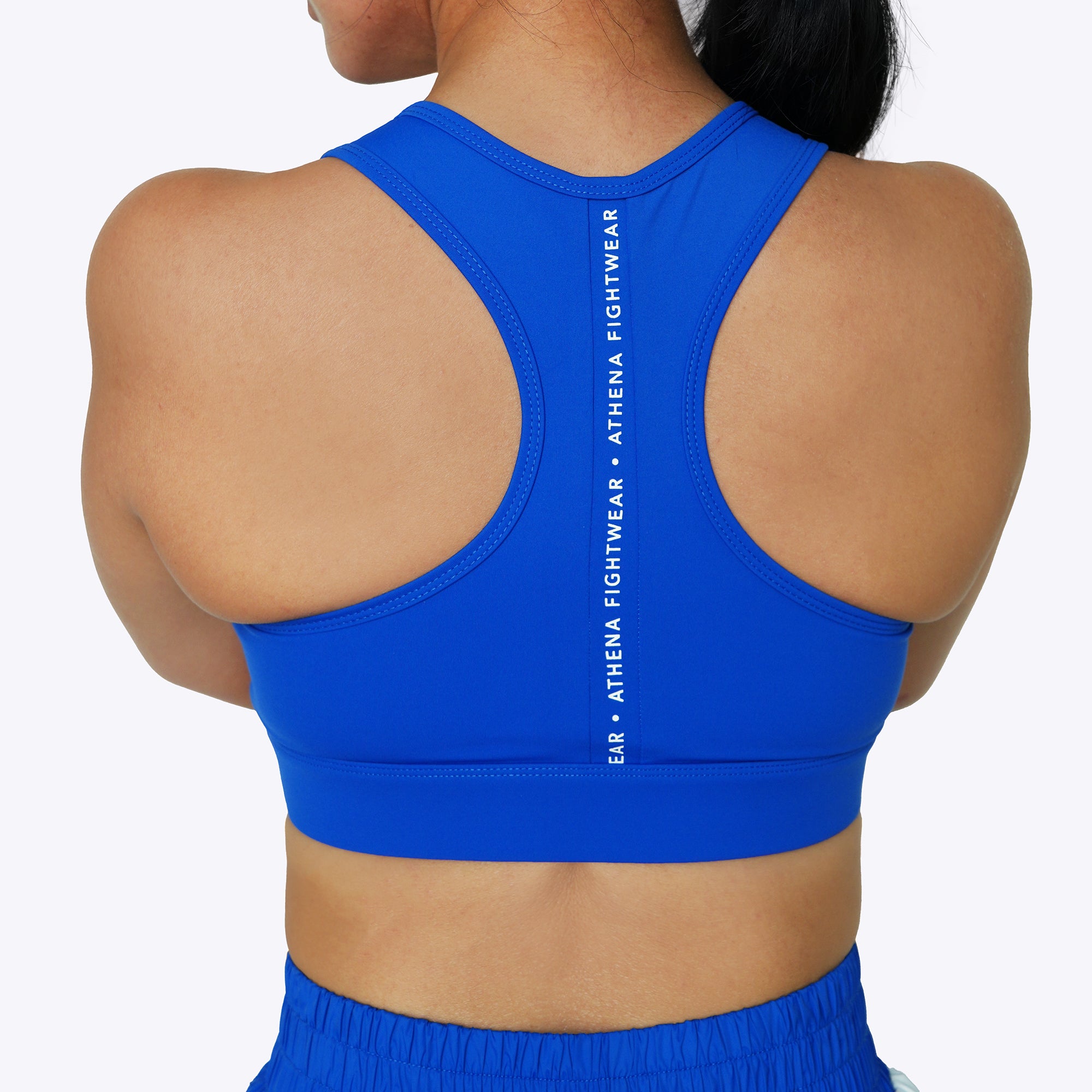 Athena Fightwear blue fight racer back sports bras for muay thai boxing kickboxing competition